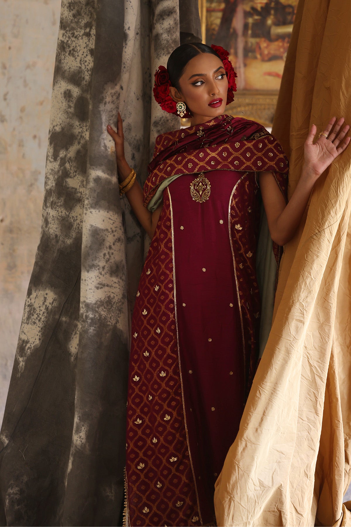 Deep Maroon Embellished Raw Silk Salwar Kameez (3-Piece) - Image 1