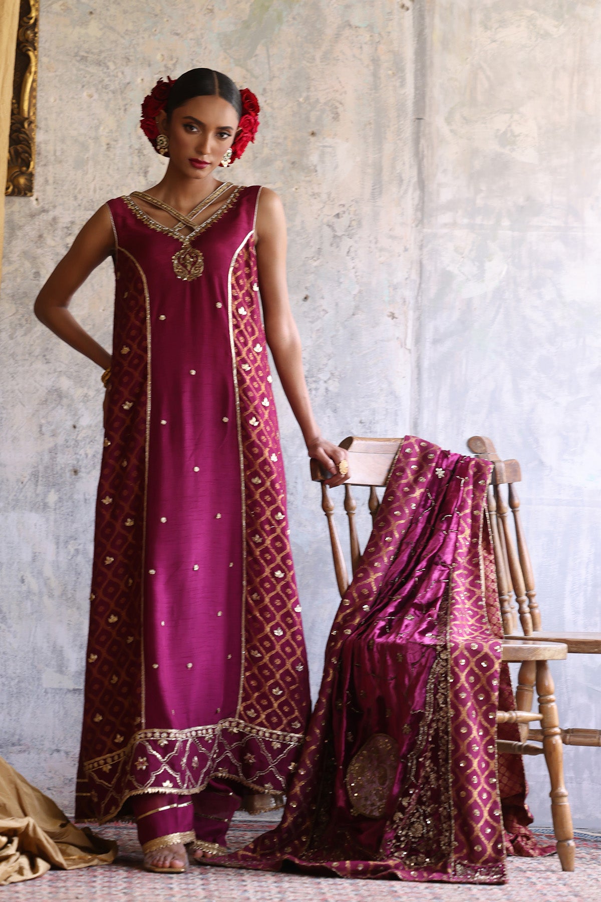 Deep Maroon Embellished Raw Silk Salwar Kameez (3-Piece) - Image 2