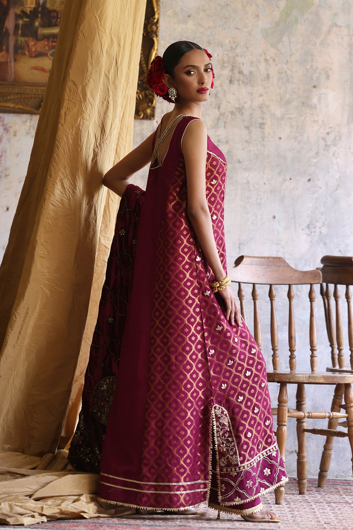 Deep Maroon Embellished Raw Silk Salwar Kameez (3-Piece) - Image 3
