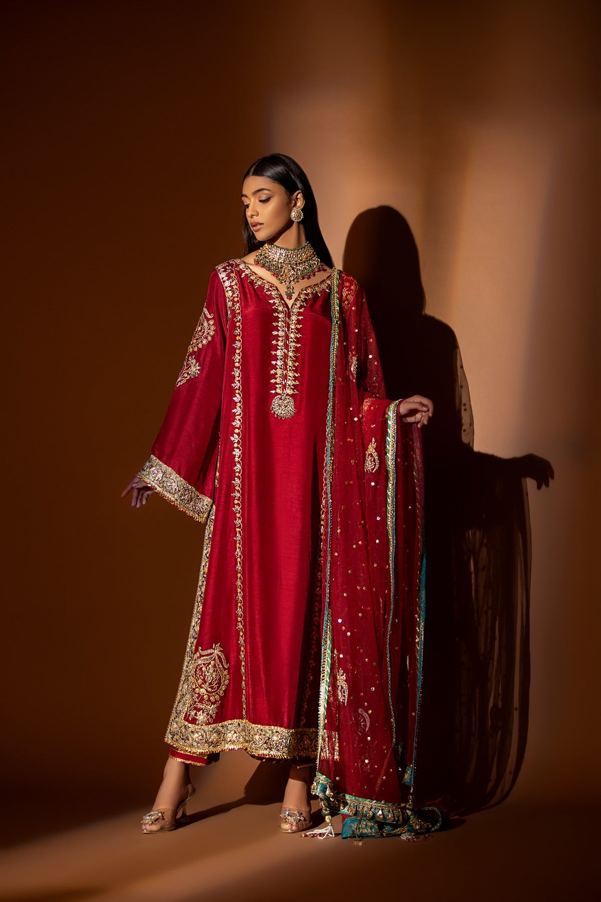 Maroon Gota Embroidered Raw Silk Kurta (2-Piece) - Image 1