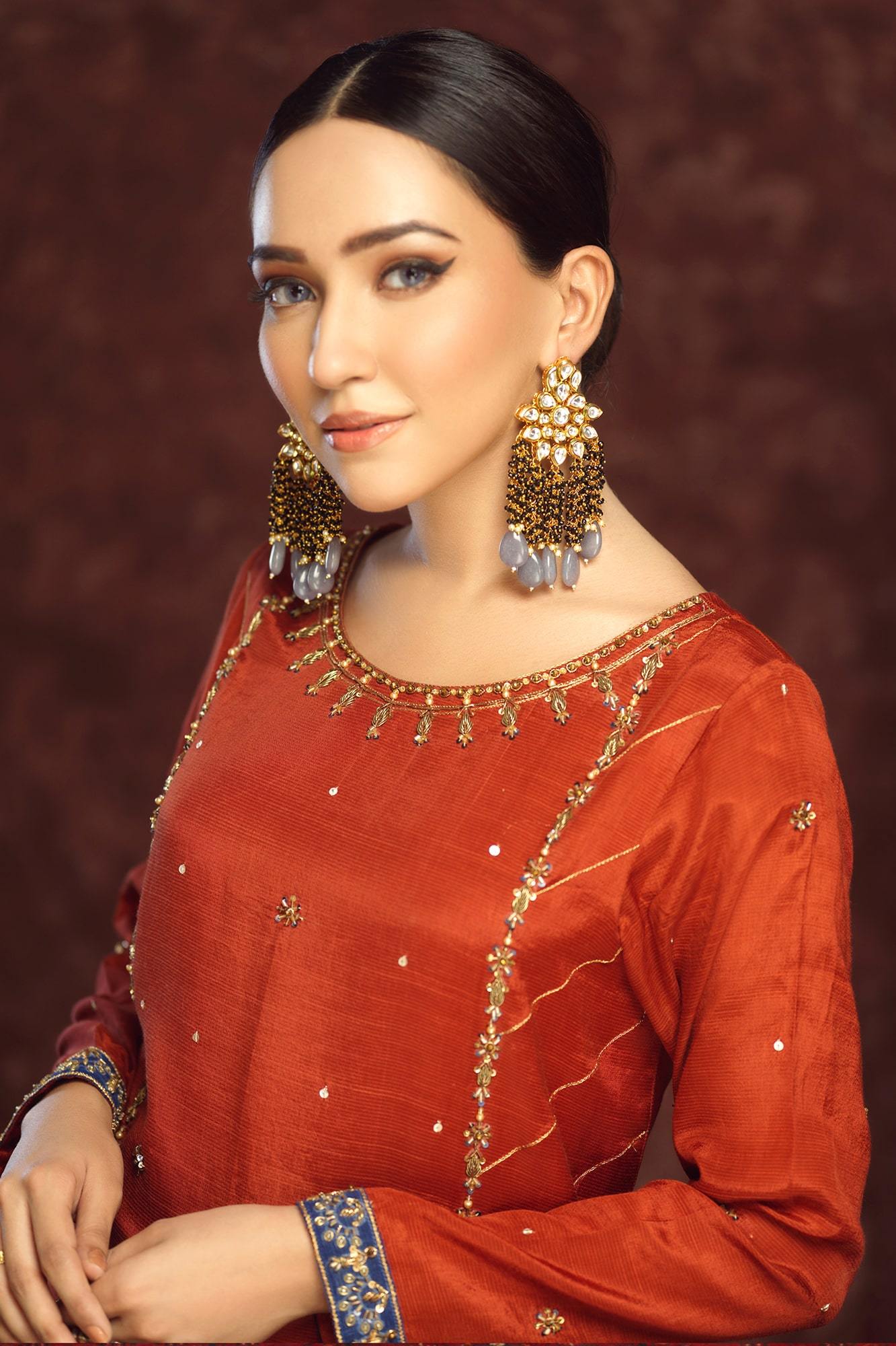 Pakistani Rust Hand Embroidered Raw Silk Salwar Kameez (3-Piece) - Image 1