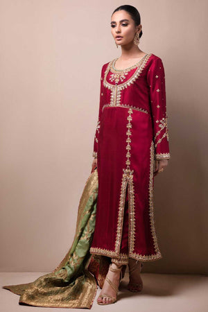 Pakistani Maroon Kundan Zardozi Raw Silk Long Shirt (3-Piece) - Image 1