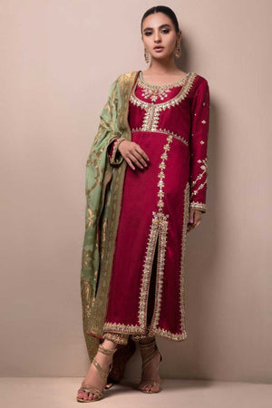 Pakistani Maroon Kundan Zardozi Raw Silk Long Shirt (3-Piece) - Image 2