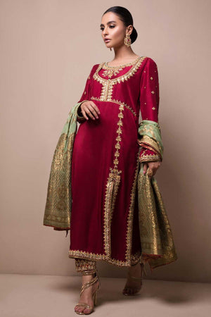 Pakistani Maroon Kundan Zardozi Raw Silk Long Shirt (3-Piece) - Image 3