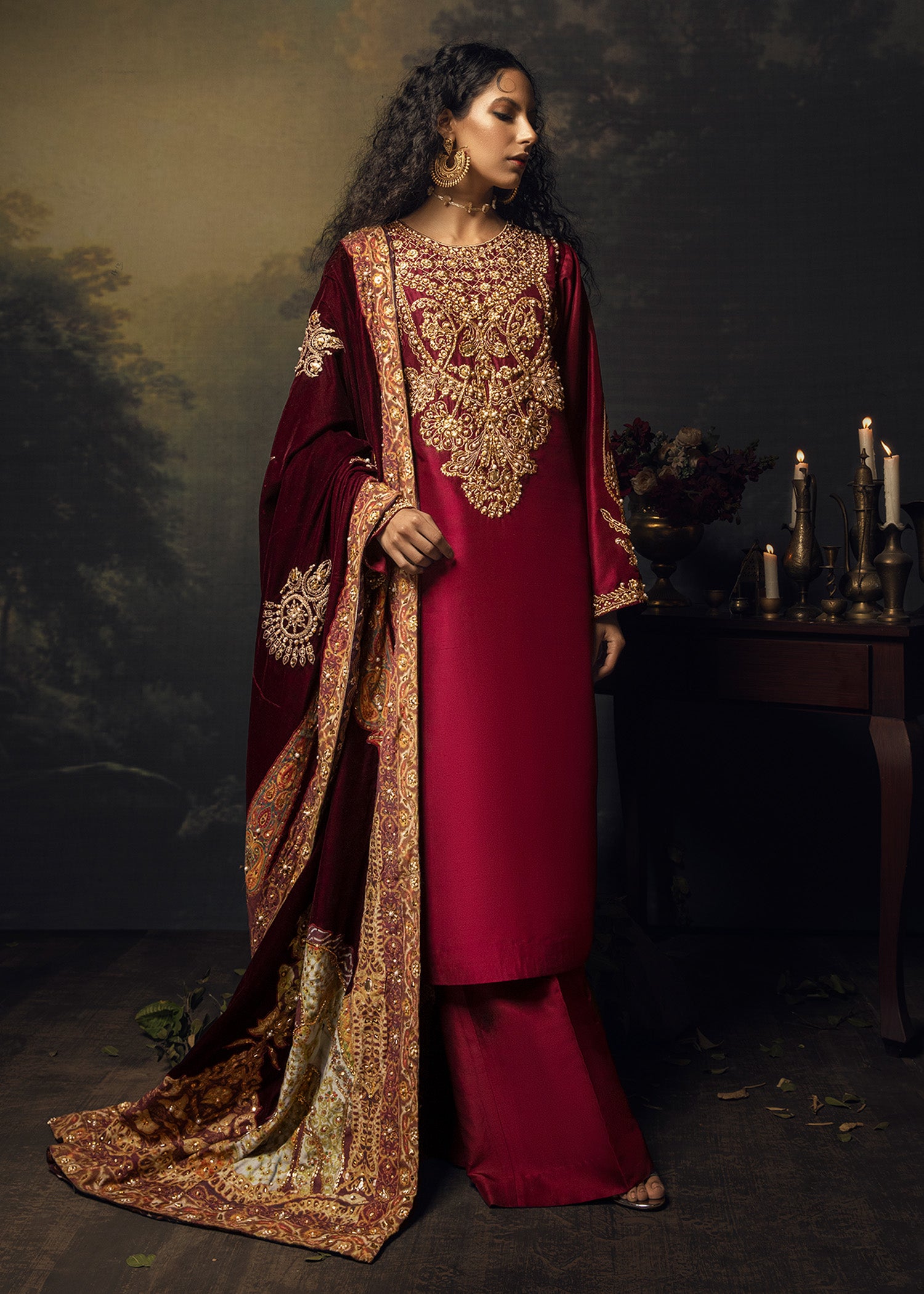 Pakistani Maroon Lorex Embroidered Silk Salwar Kameez (3-Piece) - Image 1