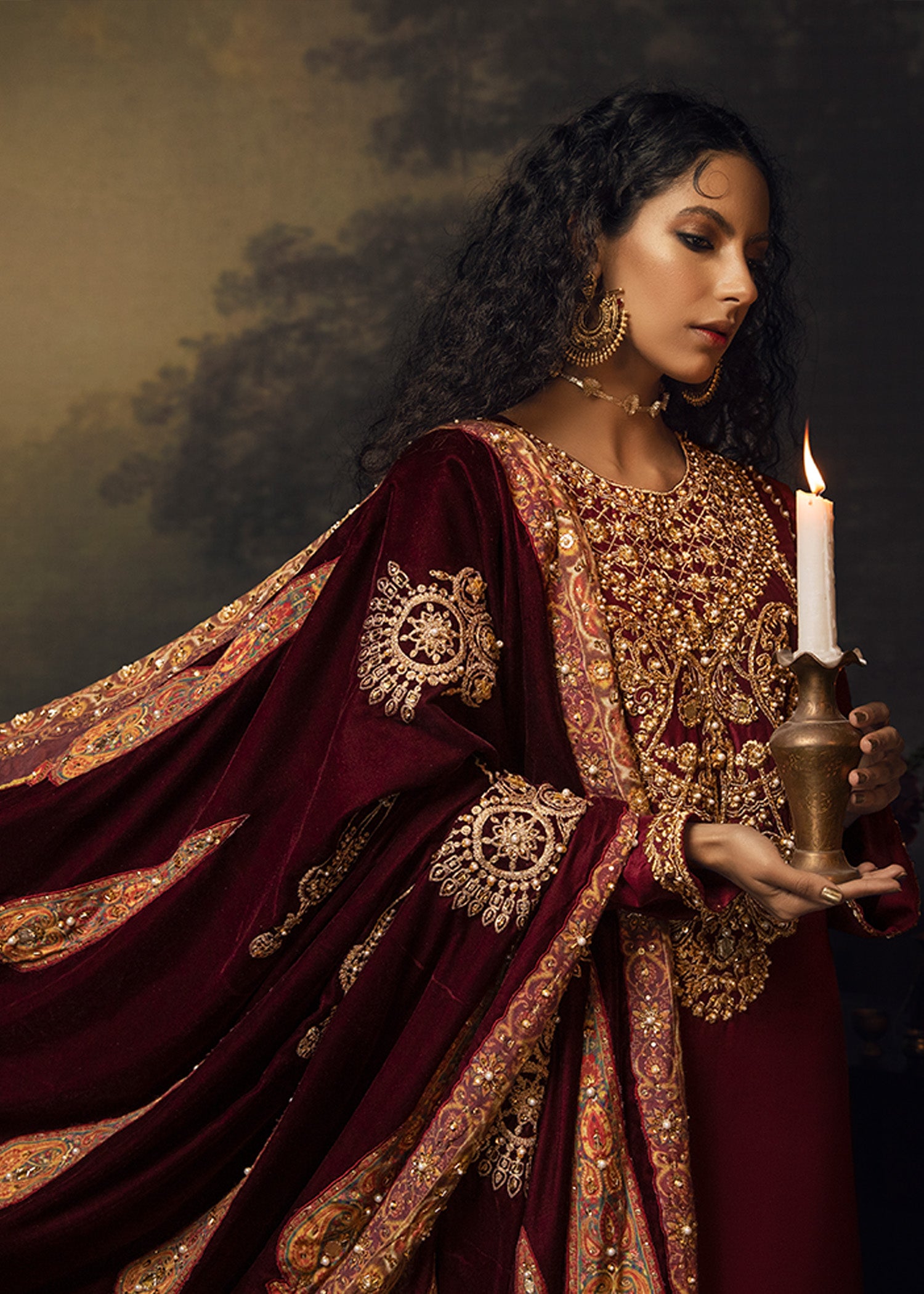 Pakistani Maroon Lorex Embroidered Silk Salwar Kameez (3-Piece) - Image 3