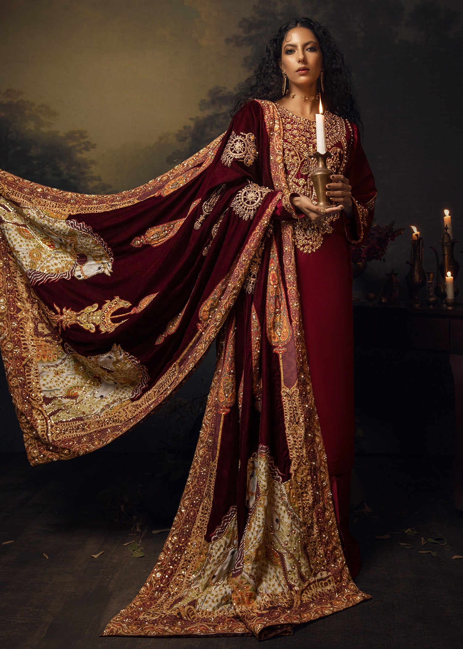 Pakistani Maroon Lorex Embroidered Silk Salwar Kameez (3-Piece) - Image 5