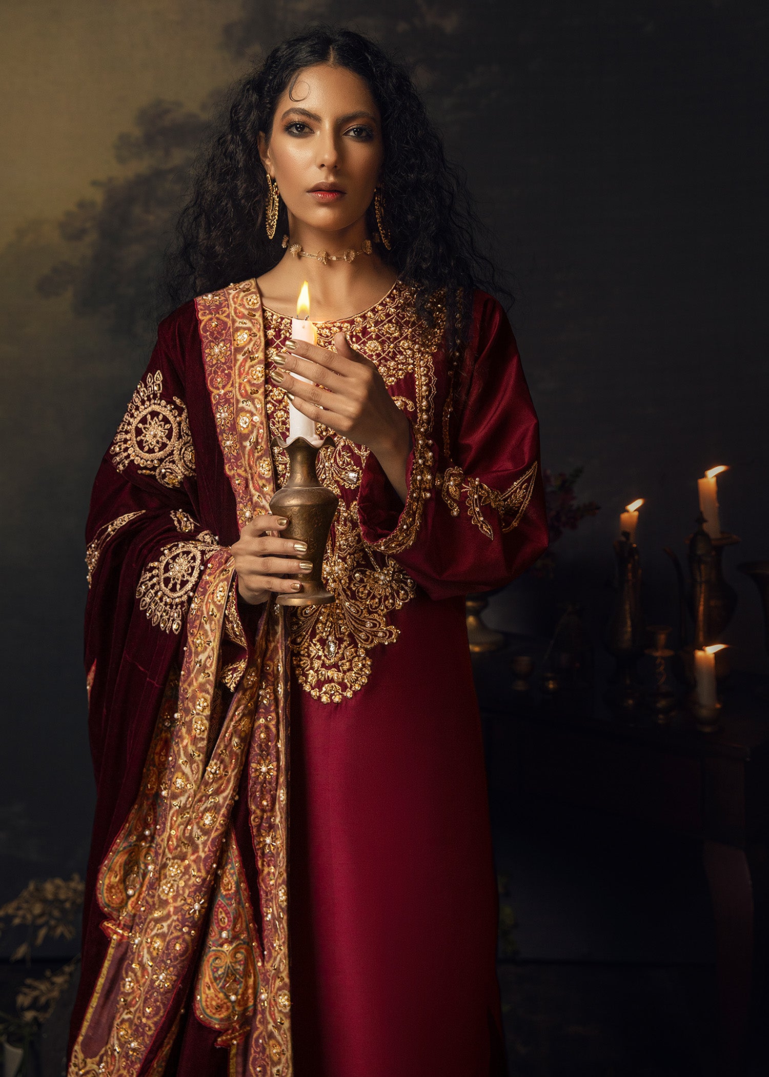 Pakistani Maroon Embroidered Pure Raw Silk Palazzo Set (3-Piece) - Image 2