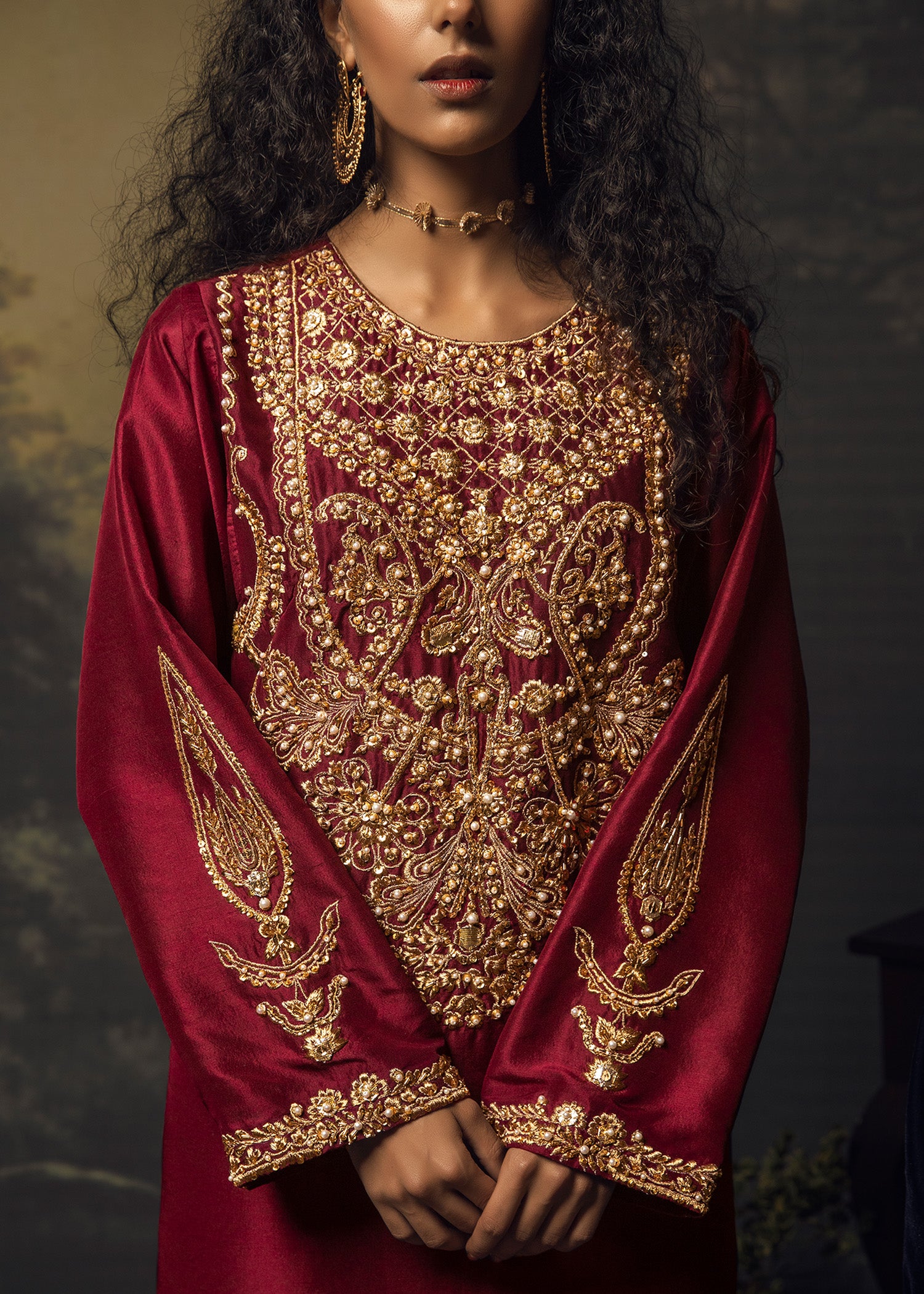 Pakistani Maroon Embroidered Pure Raw Silk Palazzo Set (3-Piece) - Image 4