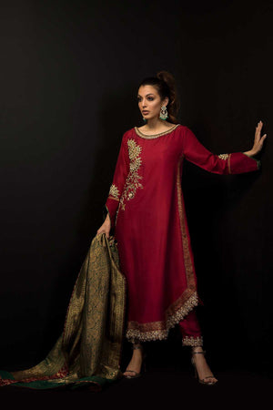 Pakistani Maroon Hand Embroidered Pure Raw Silk Salwar Kameez (3-Piece) - Image 1