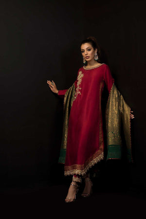 Pakistani Maroon Hand Embroidered Pure Raw Silk Salwar Kameez (3-Piece) - Image 2