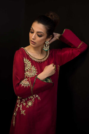 Pakistani Maroon Hand Embroidered Pure Raw Silk Salwar Kameez (3-Piece) - Image 3