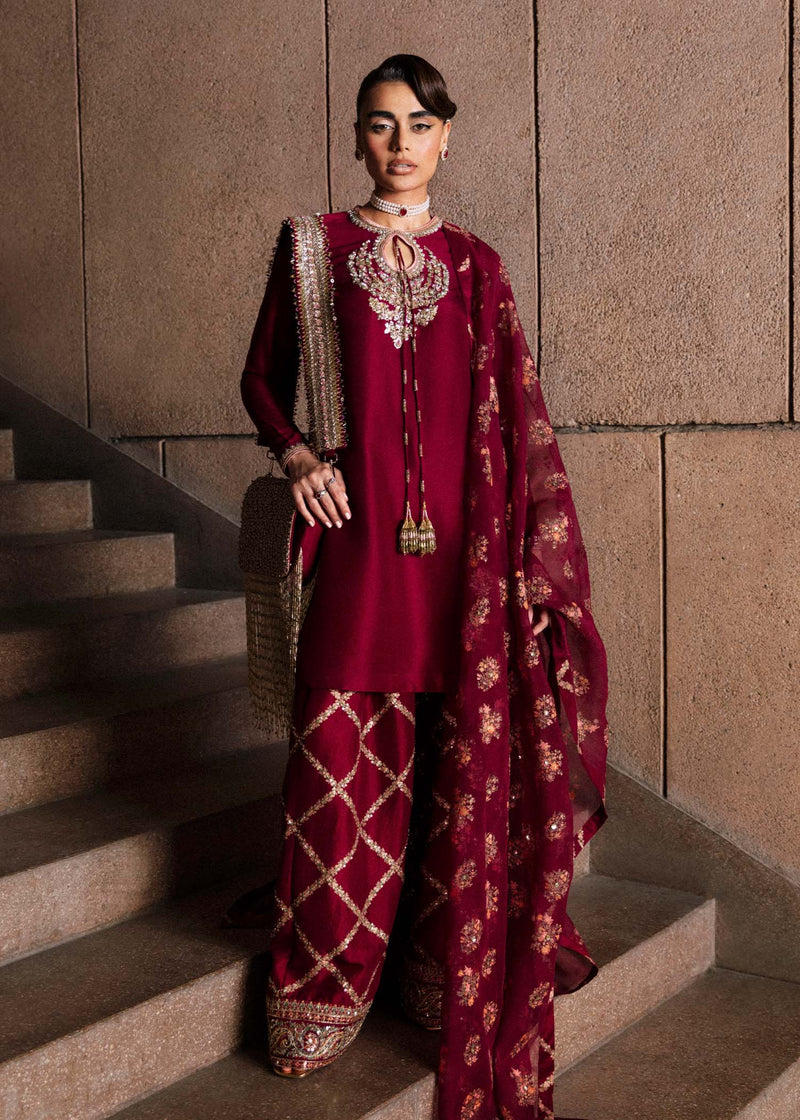Pakistani Burgundy Embroidered Raw Silk Salwar Kameez (3-Piece) - Image 1