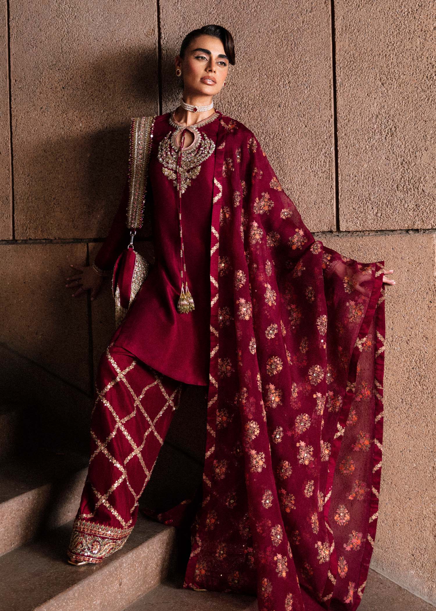 Pakistani Burgundy Embroidered Raw Silk Salwar Kameez (3-Piece) - Image 3