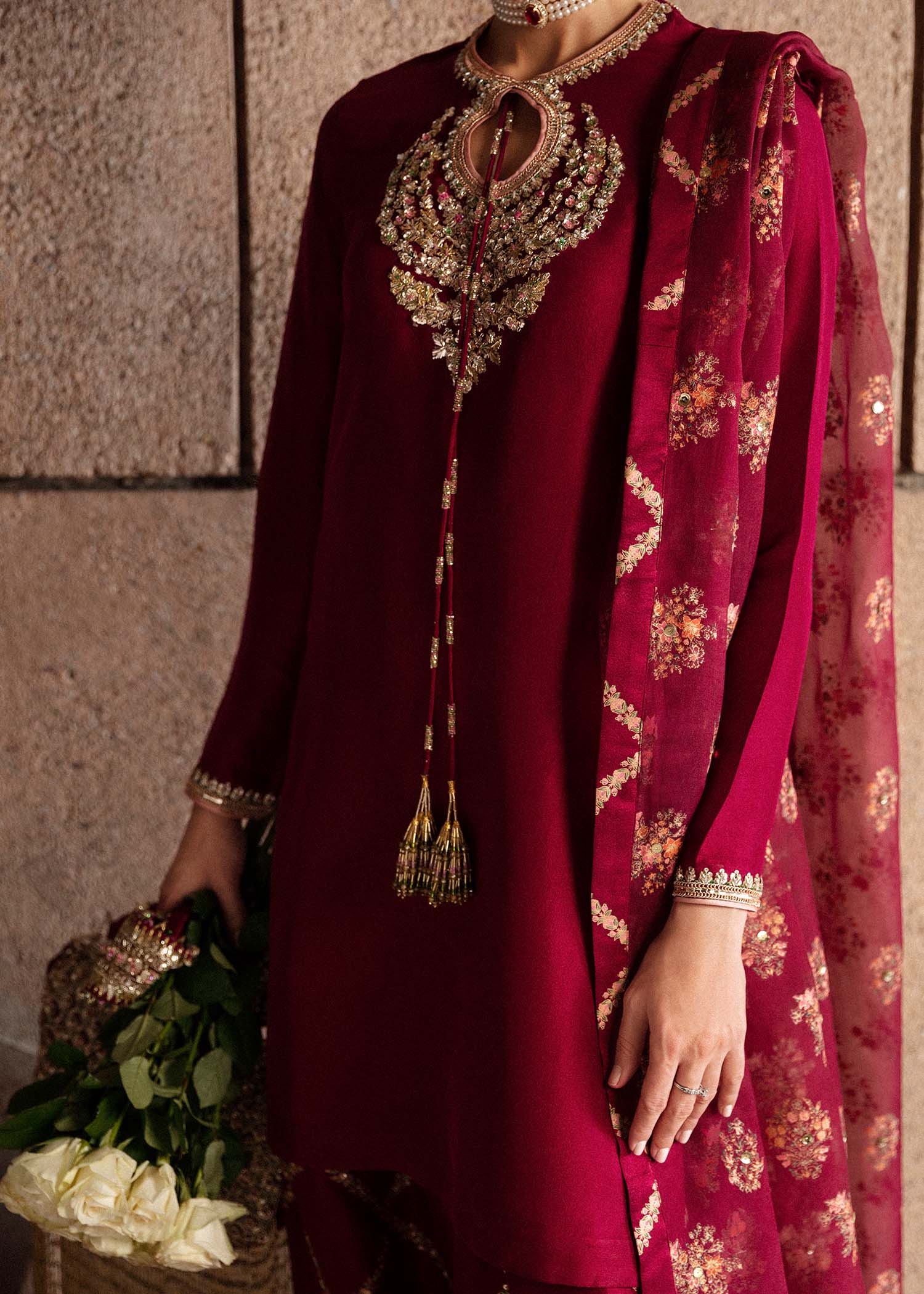 Pakistani Burgundy Embroidered Raw Silk Salwar Kameez (3-Piece) - Image 4