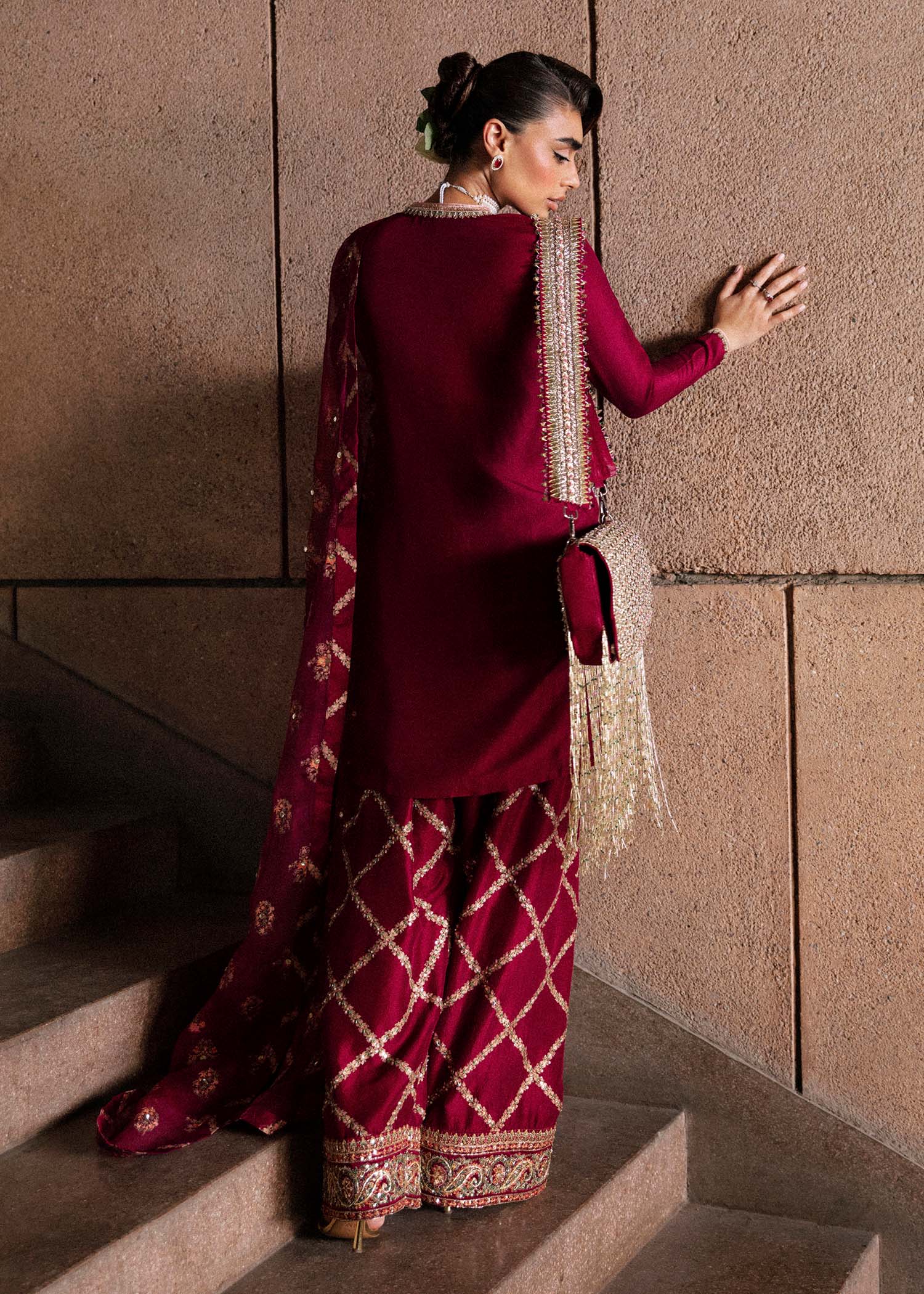 Pakistani Burgundy Embroidered Raw Silk Salwar Kameez (3-Piece) - Image 6