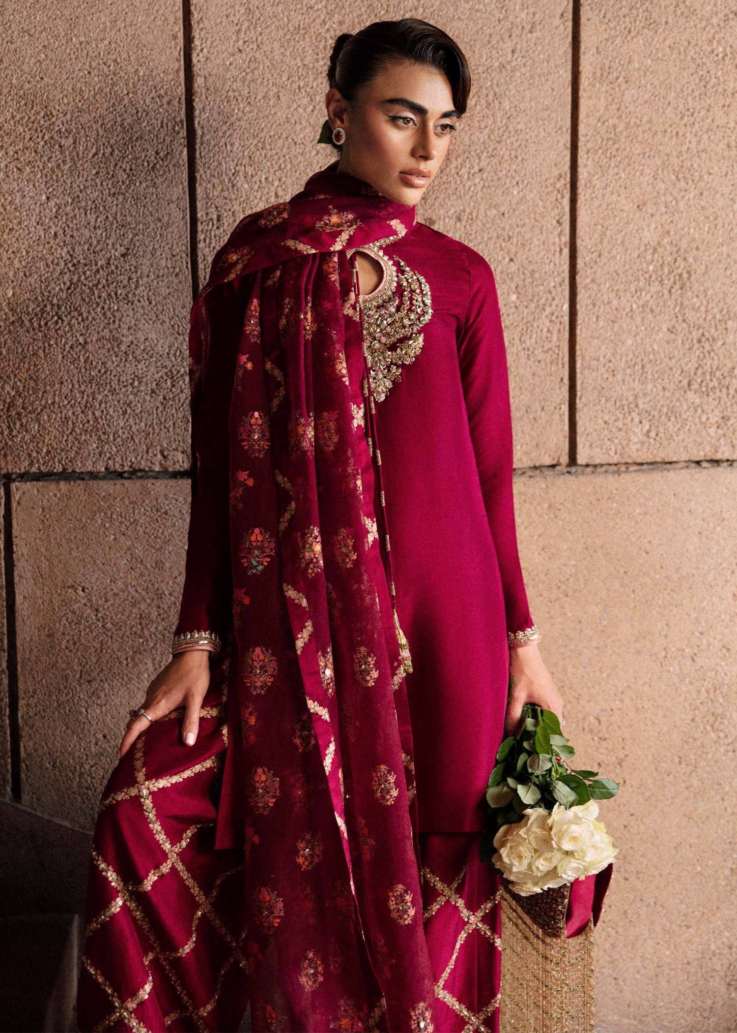 Pakistani Burgundy Embroidered Raw Silk Salwar Kameez (3-Piece) - Image 9