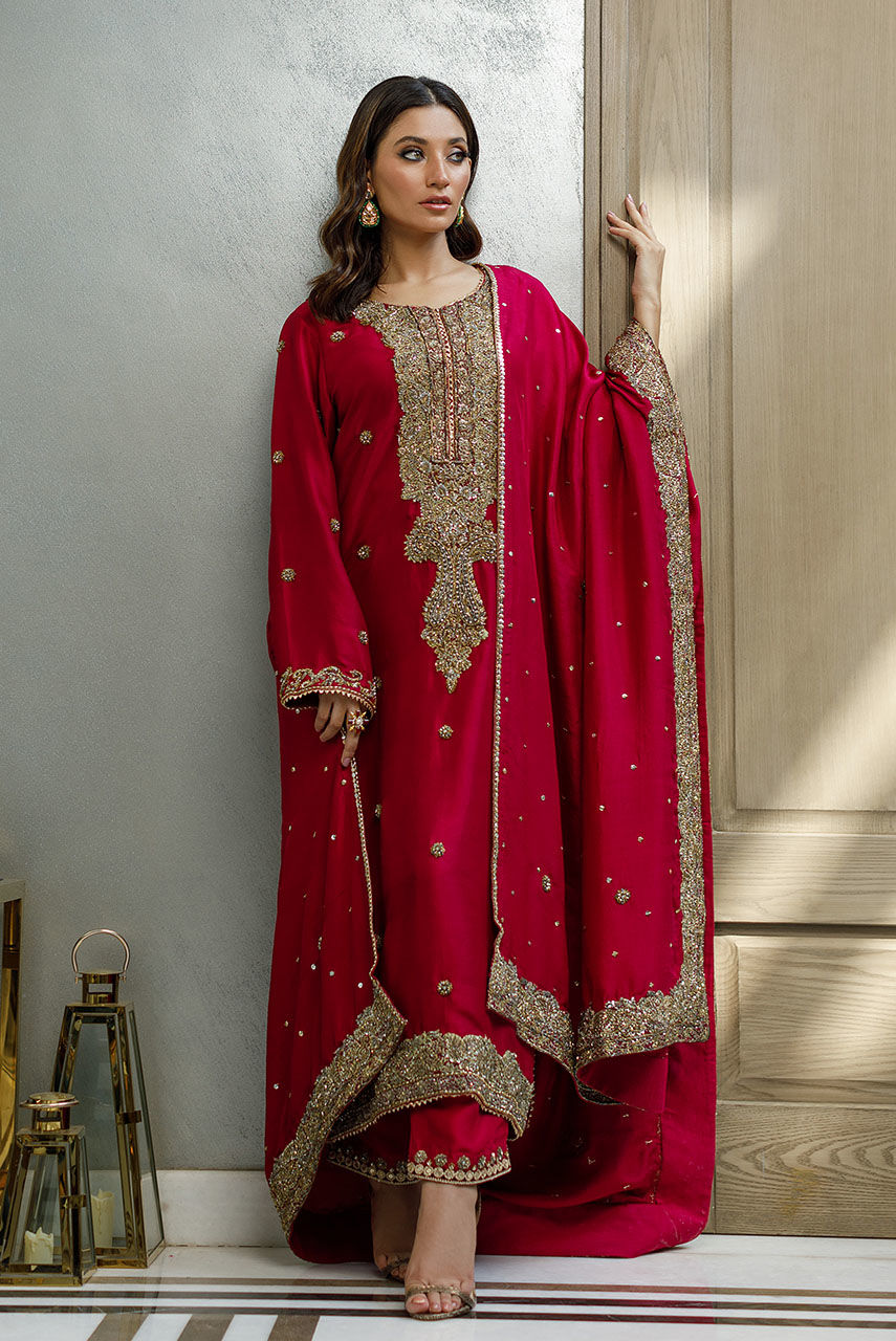 Wine Red Resham Zardozi Silk Salwar Kameez (3-Piece) - Image 1
