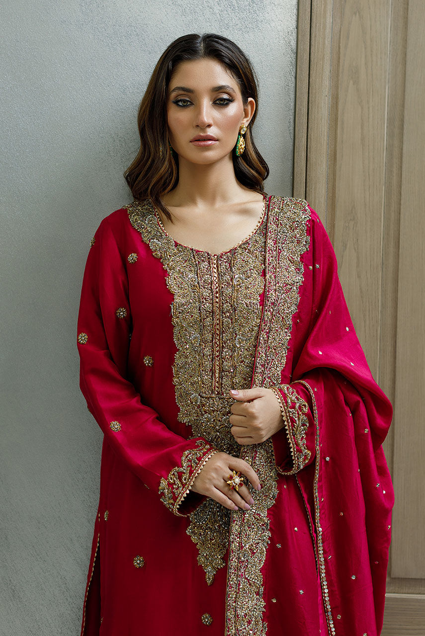 Wine Red Resham Zardozi Silk Salwar Kameez (3-Piece) - Image 2