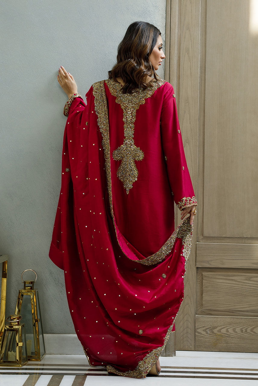 Wine Red Resham Zardozi Silk Salwar Kameez (3-Piece) - Image 3