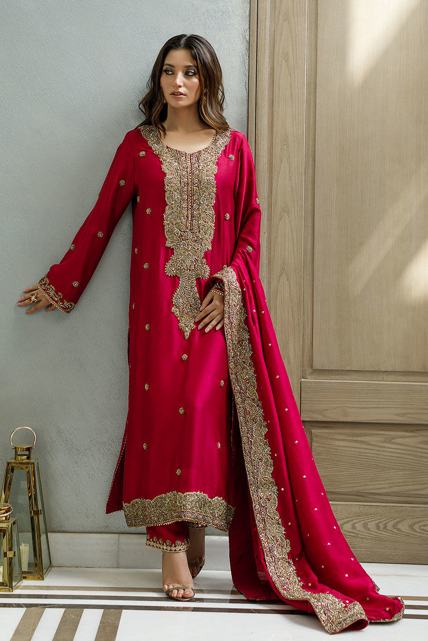 Wine Red Resham Zardozi Silk Salwar Kameez (3-Piece) - Image 5