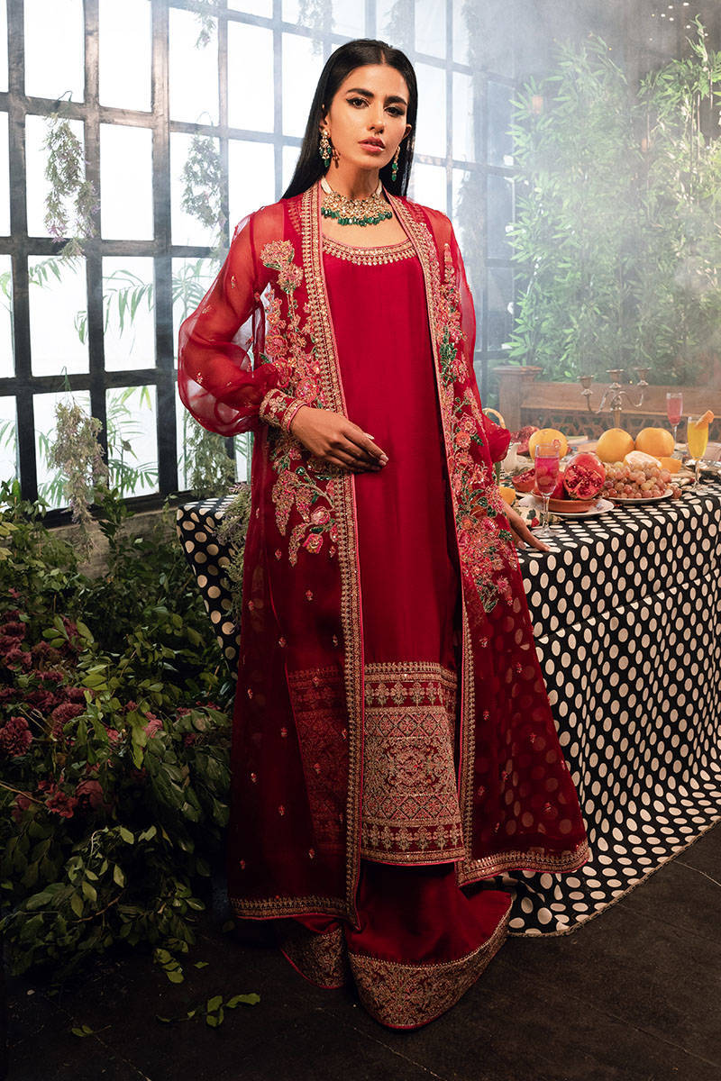 Maroon Embroidered Raw Silk Long Shirt with Organza Jacket (3-Piece) - Image 1