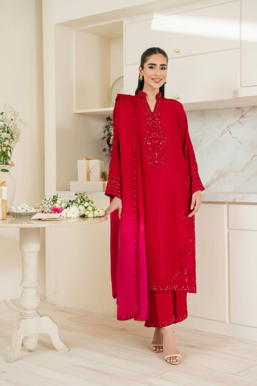 Pakistani Maroon Embellished Pure Raw Silk Kameez Set (3-Piece) - Image 1