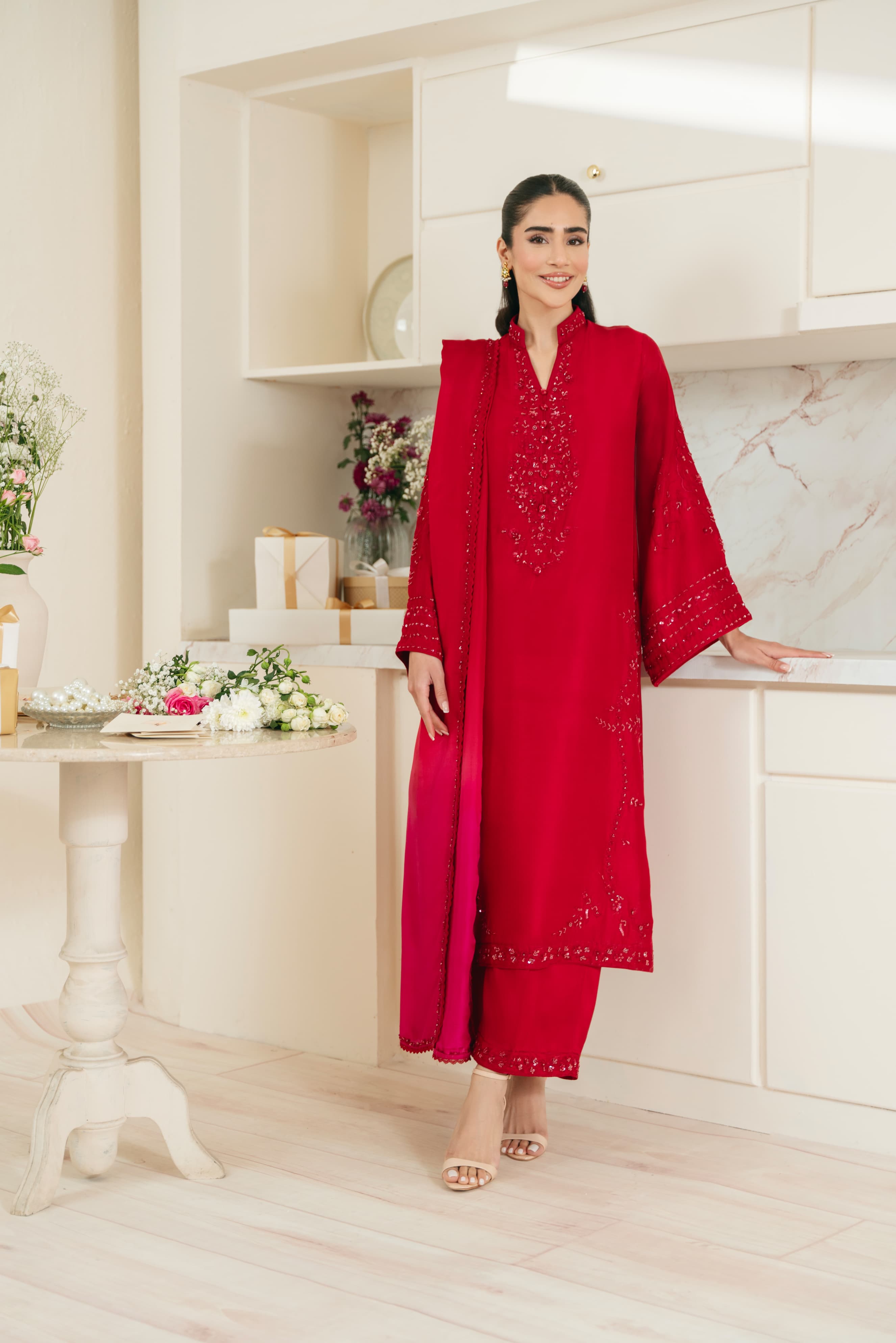 Pakistani Maroon Embellished Pure Raw Silk Kameez Set (3-Piece) - Image 4