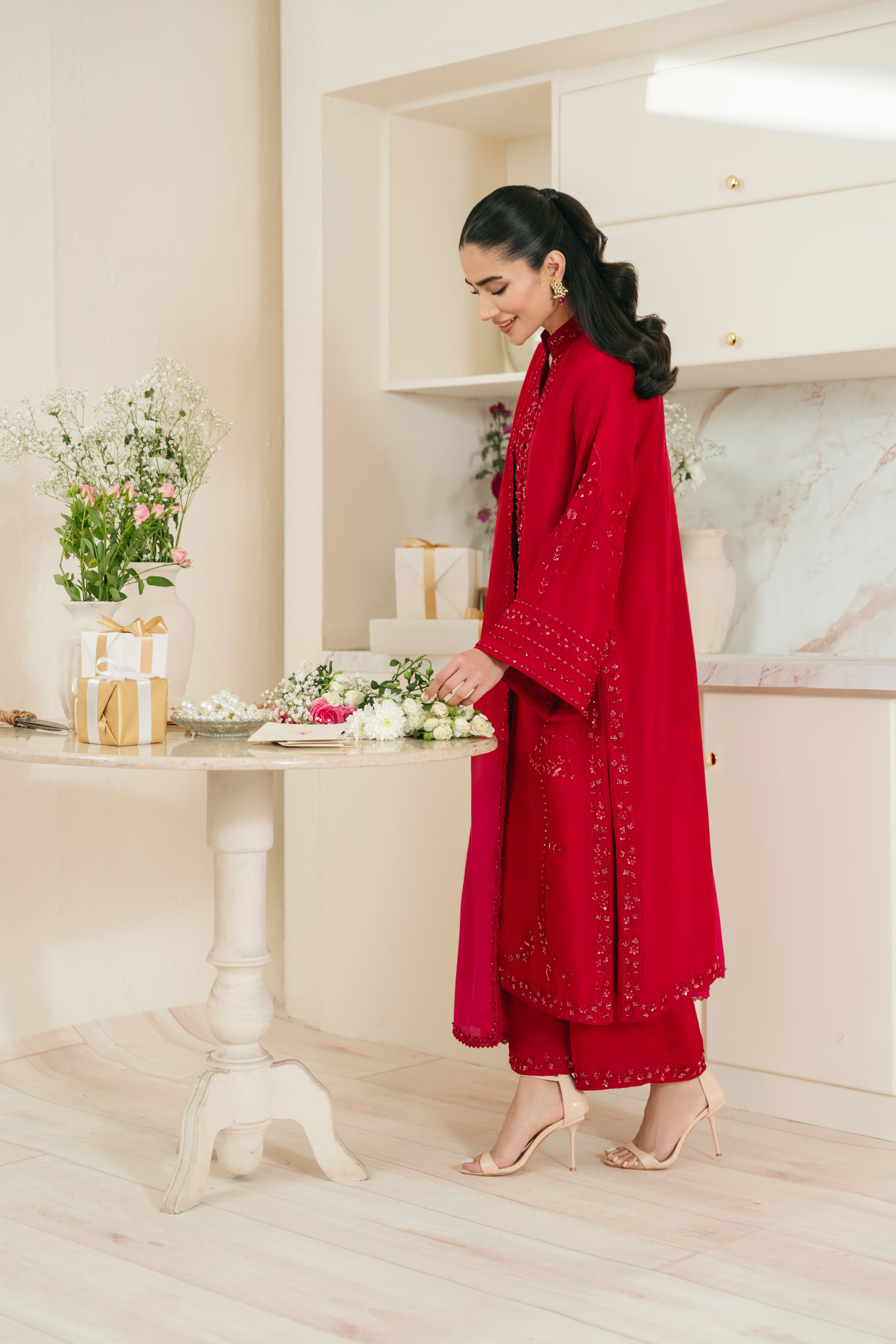 Pakistani Maroon Embellished Pure Raw Silk Kameez Set (3-Piece) - Image 6