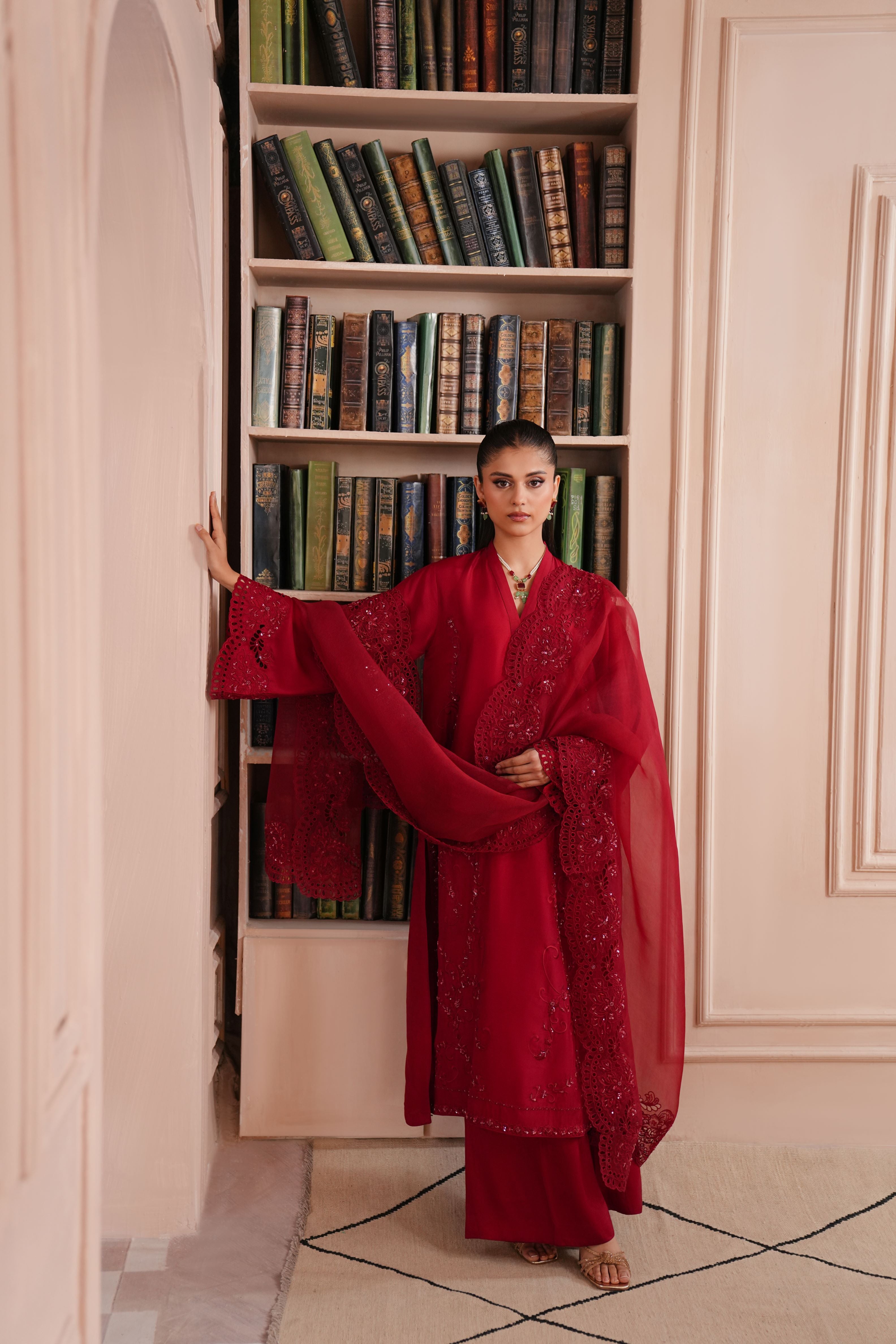 Deep Maroon Embroidered Silk Salwar Kameez (3-Piece) - Image 1