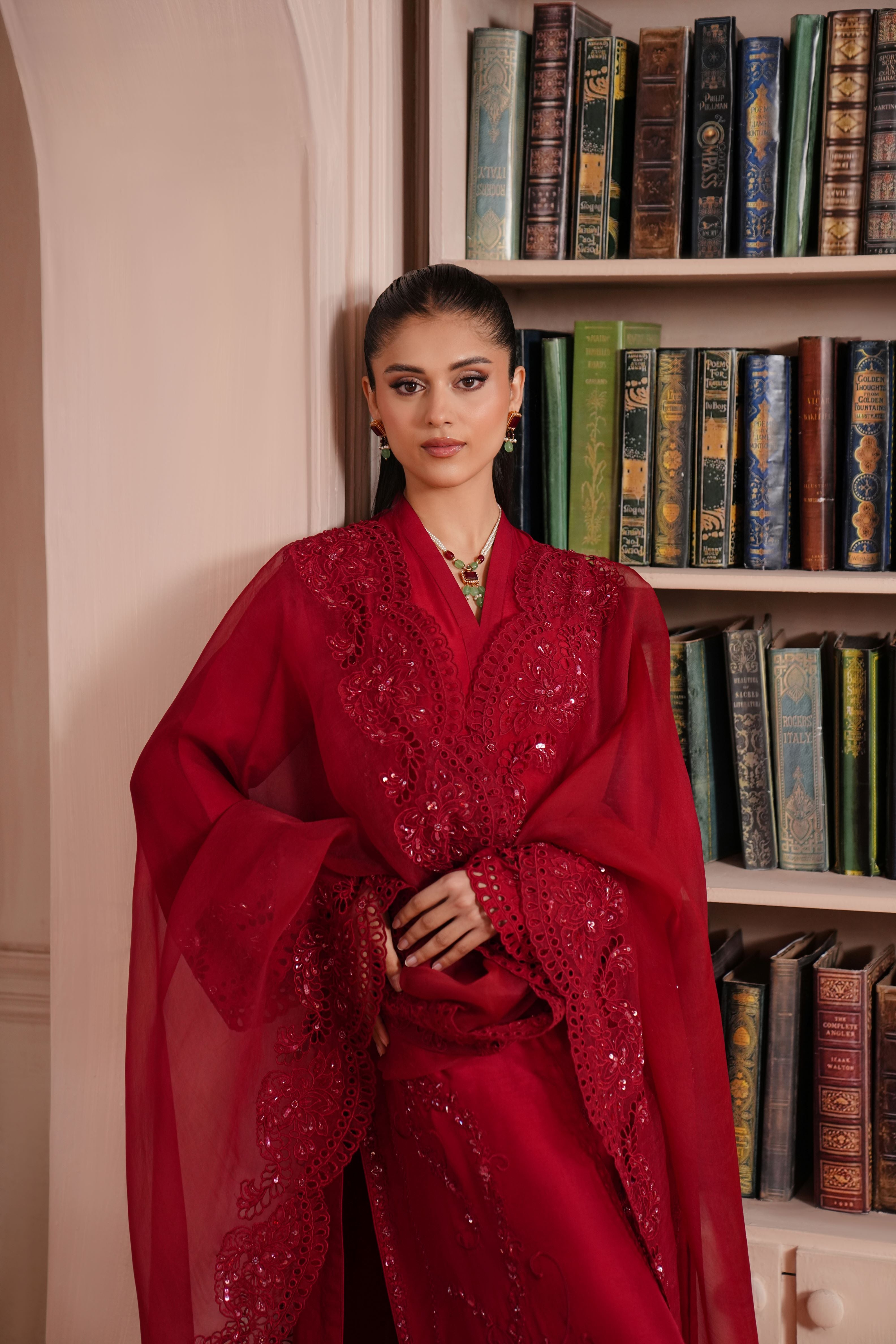 Deep Maroon Embroidered Silk Salwar Kameez (3-Piece) - Image 3