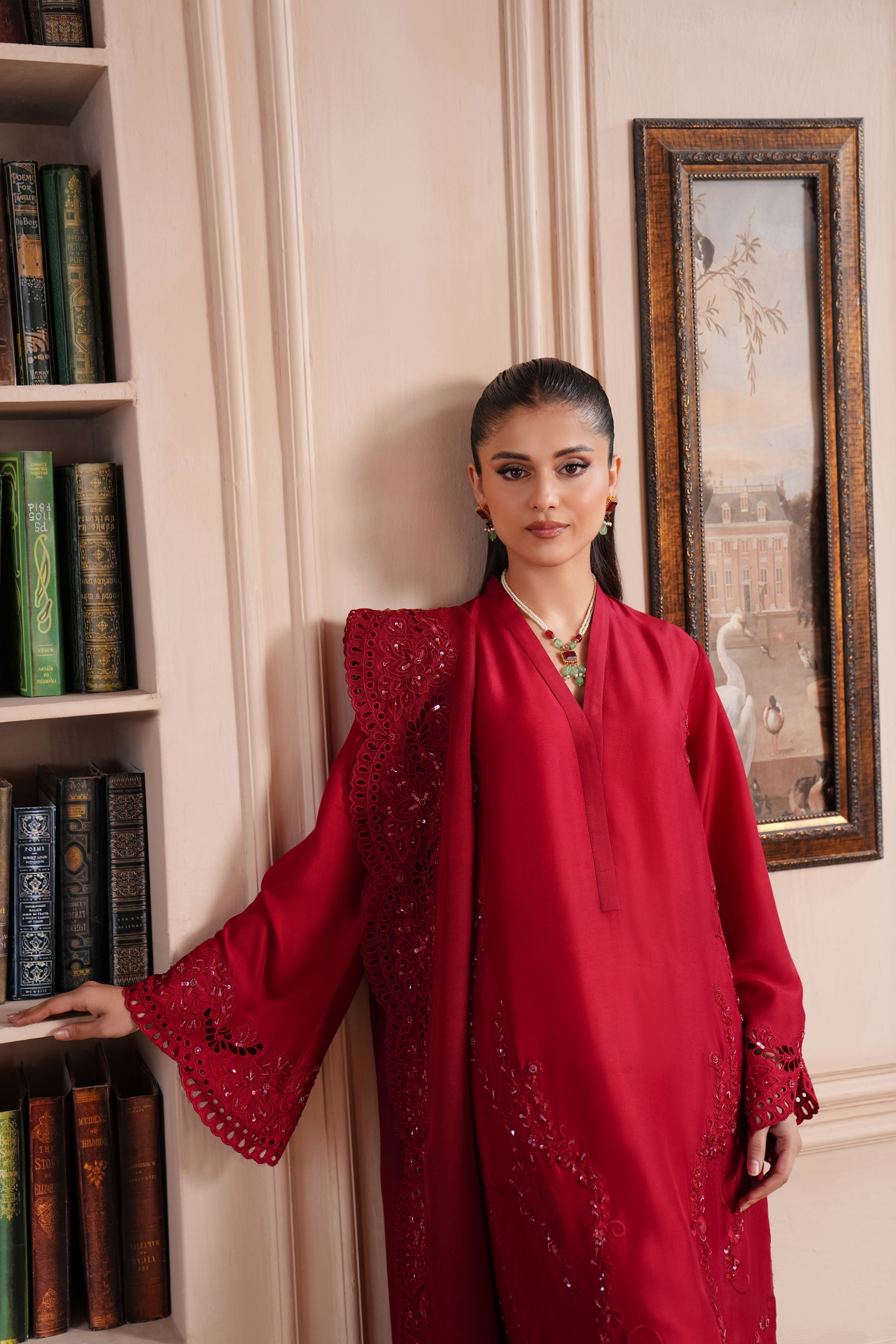 Deep Maroon Embroidered Silk Salwar Kameez (3-Piece) - Image 4