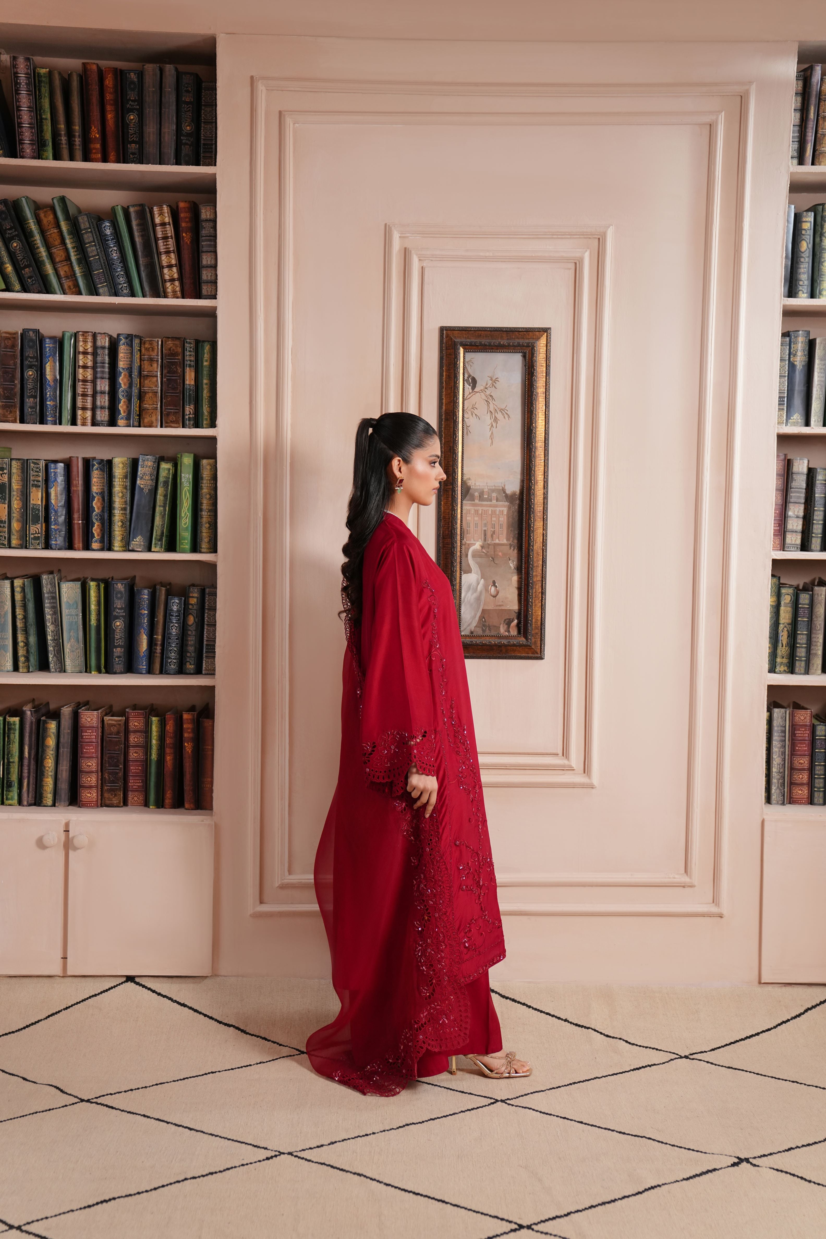 Deep Maroon Embroidered Silk Salwar Kameez (3-Piece) - Image 6