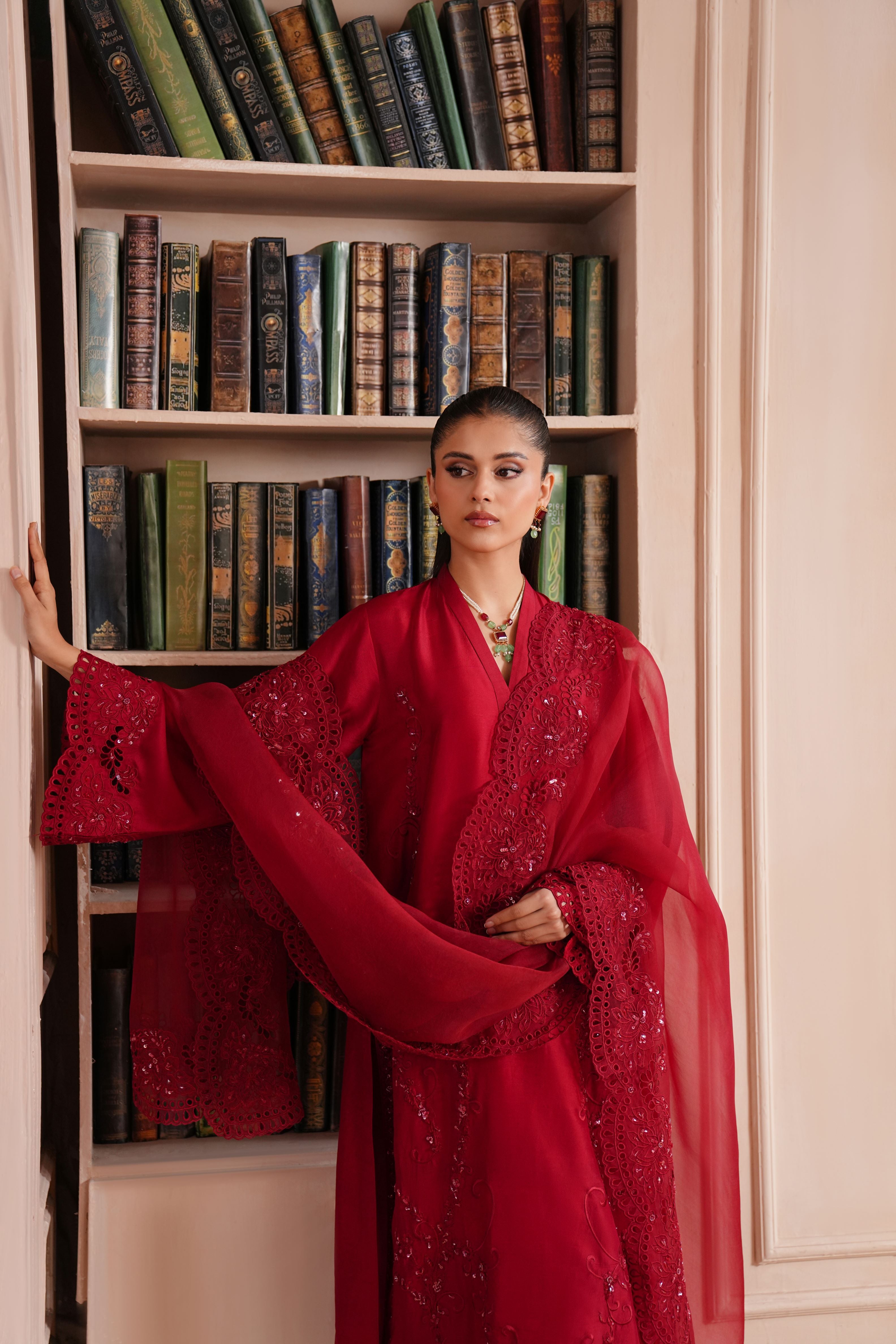 Deep Maroon Embroidered Silk Salwar Kameez (3-Piece) - Image 7