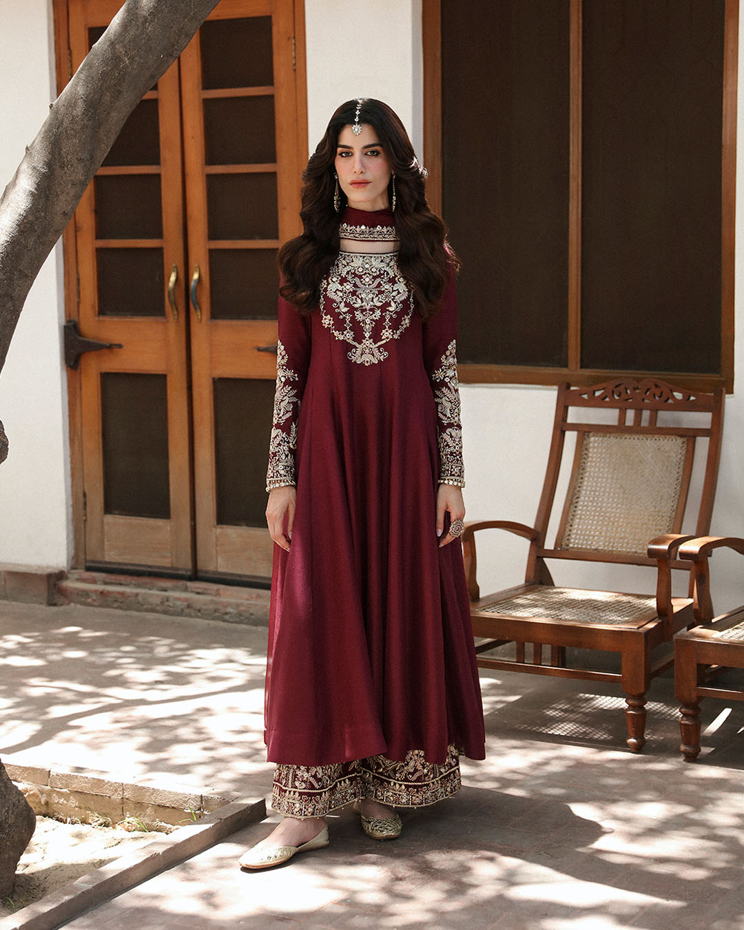 Pakistani Maroon Embroidered Raw Silk Salwar Kameez (3-Piece) - Image 1