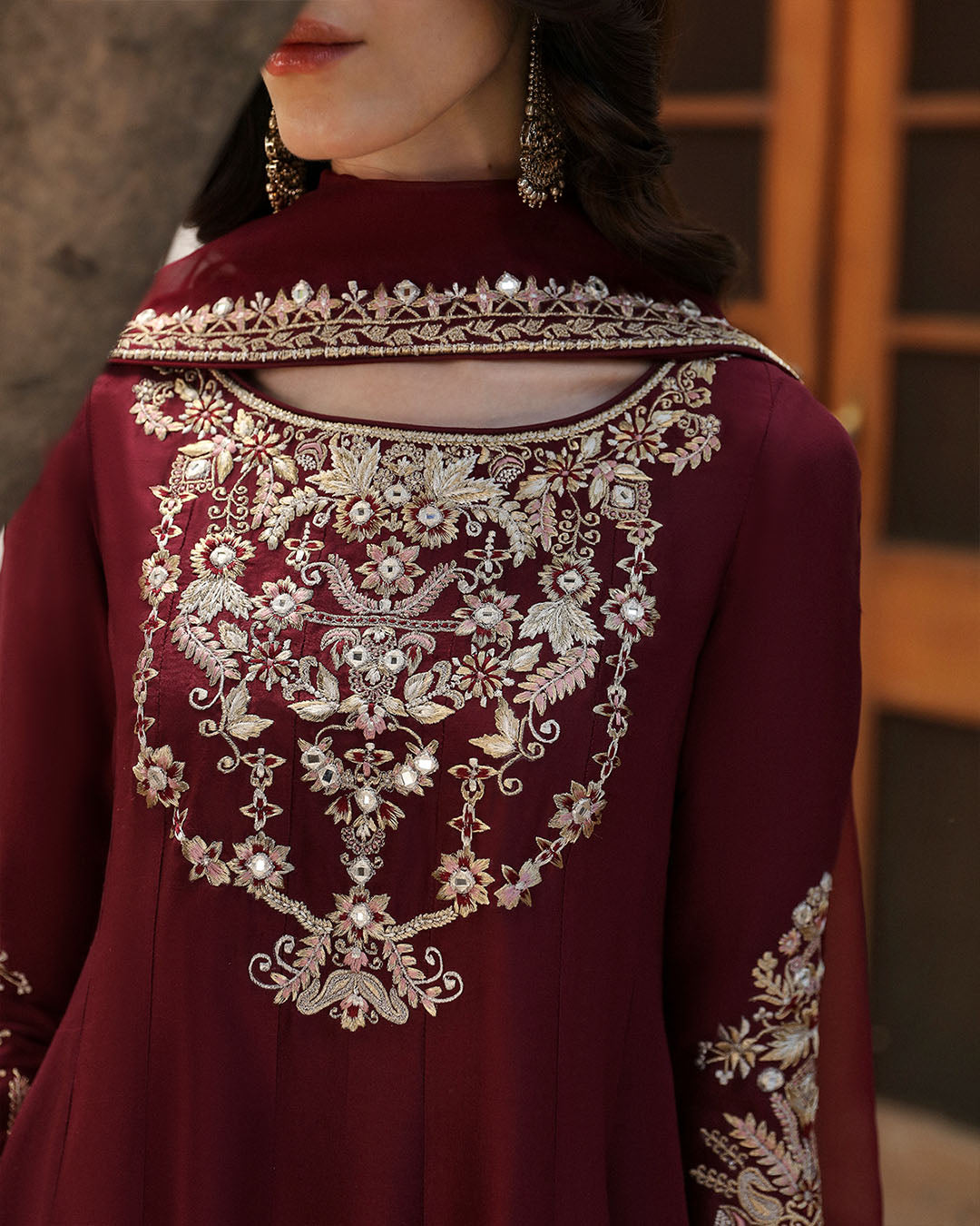 Pakistani Maroon Embroidered Raw Silk Salwar Kameez (3-Piece) - Image 6