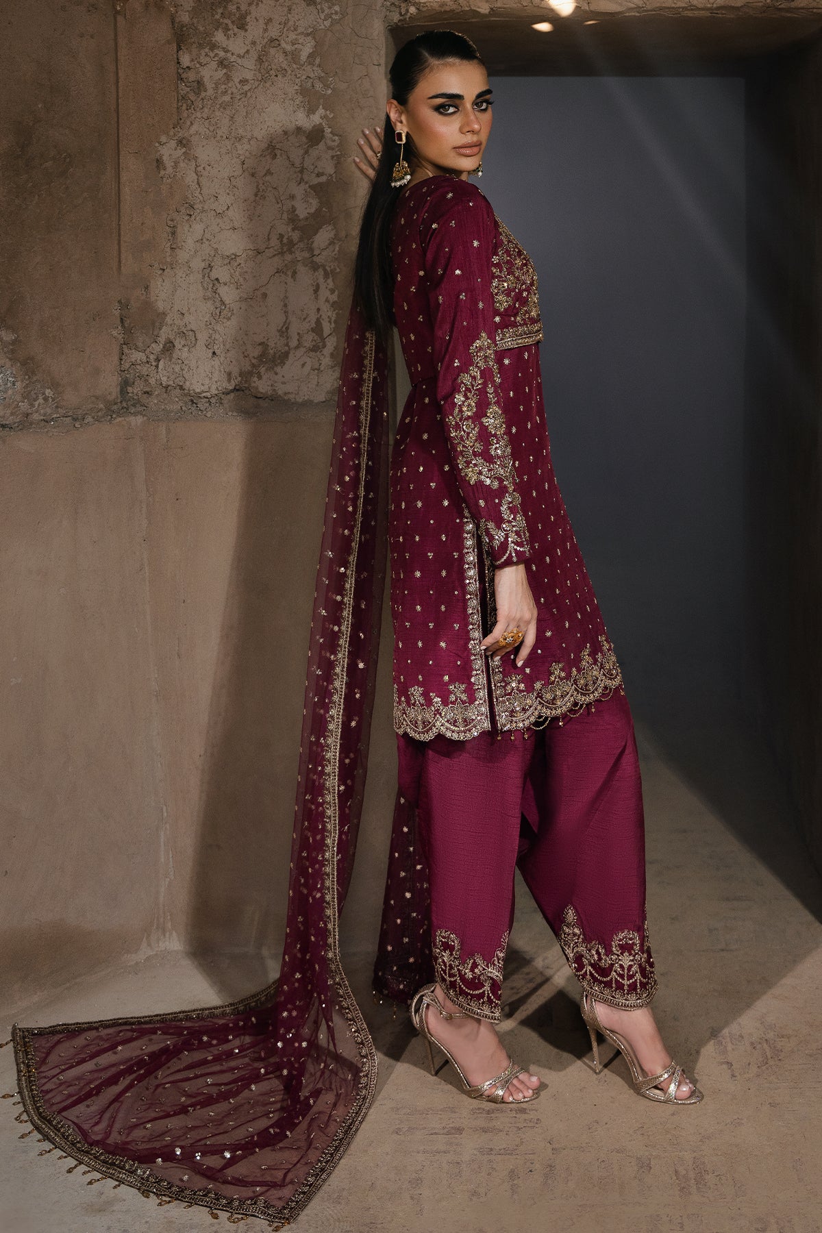 Pakistani Deep Maroon Embroidered Korean Raw Silk Salwar Kameez (3-Piece) - Image 2