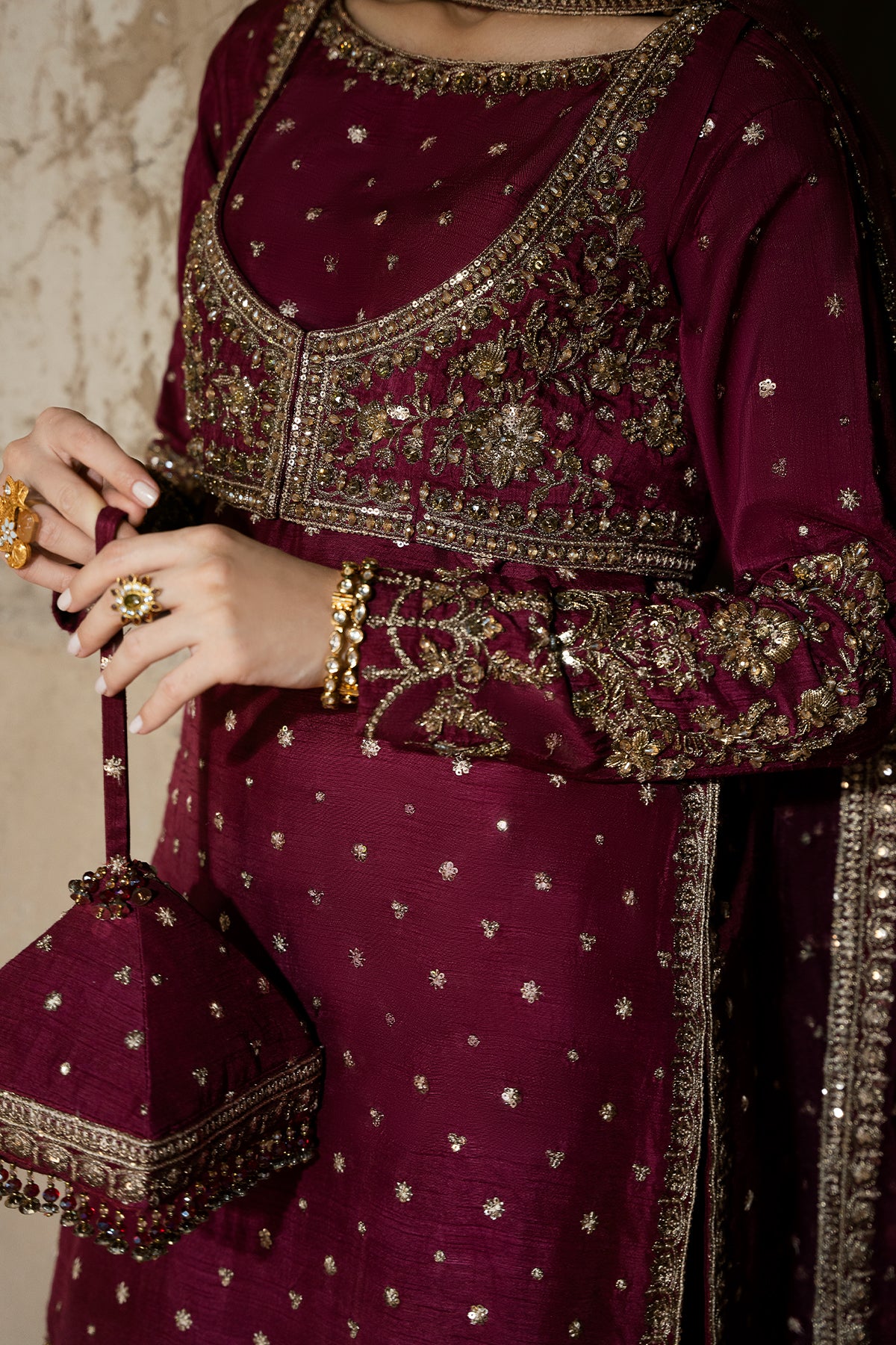 Pakistani Deep Maroon Embroidered Korean Raw Silk Salwar Kameez (3-Piece) - Image 4