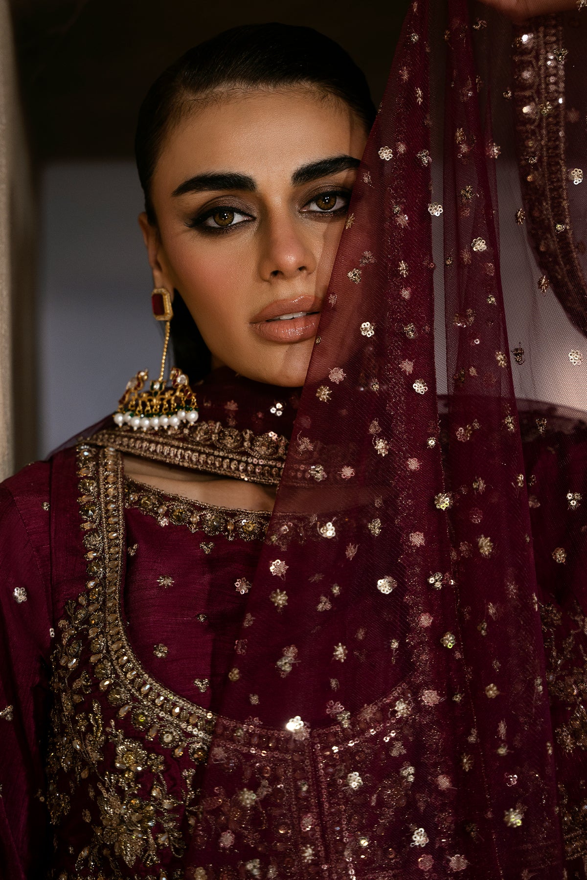 Pakistani Deep Maroon Embroidered Korean Raw Silk Salwar Kameez (3-Piece) - Image 5