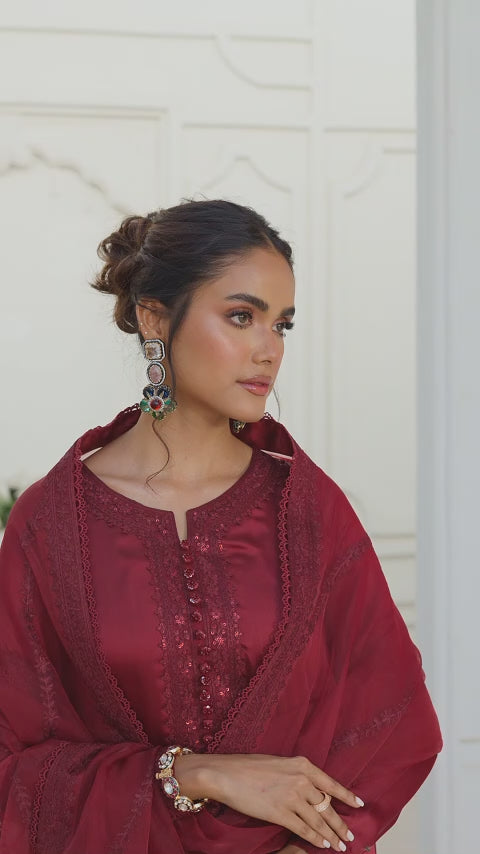 Maroon Embroidered Pure Raw Silk Salwar Kameez (3-Piece) - Image 2