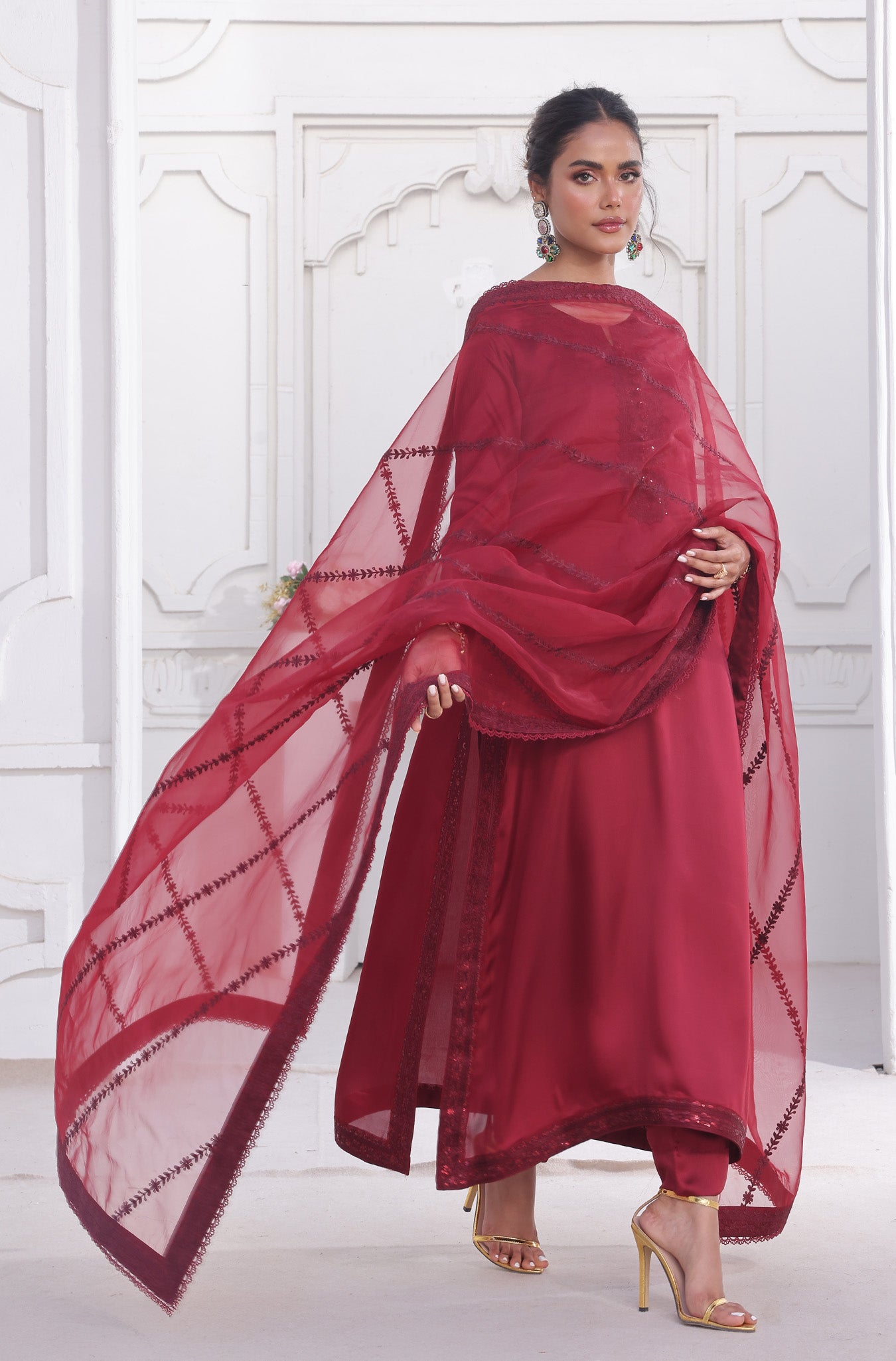 Maroon Embroidered Pure Raw Silk Salwar Kameez (3-Piece) - Image 3