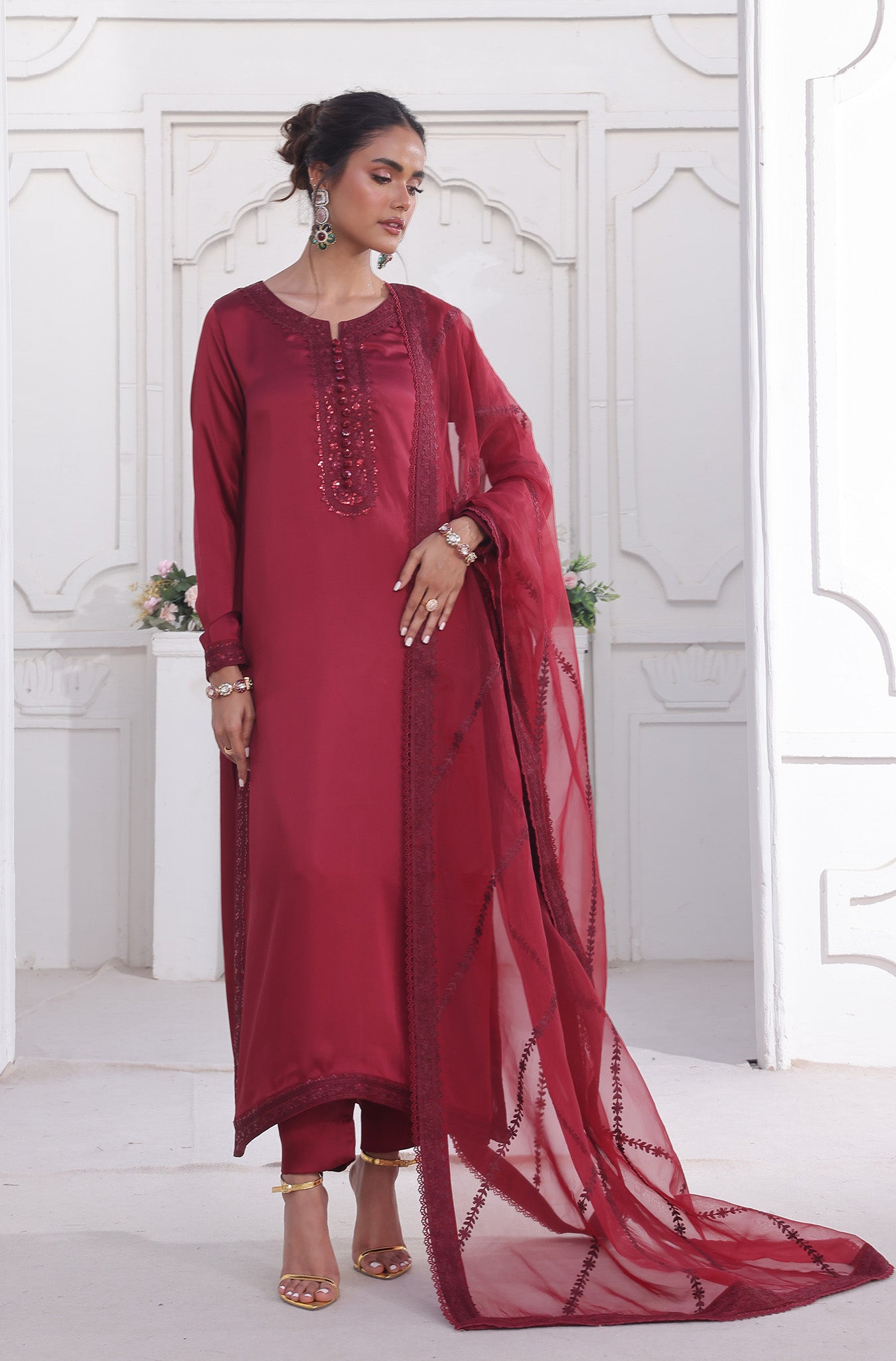 Maroon Embroidered Pure Raw Silk Salwar Kameez (3-Piece) - Image 6