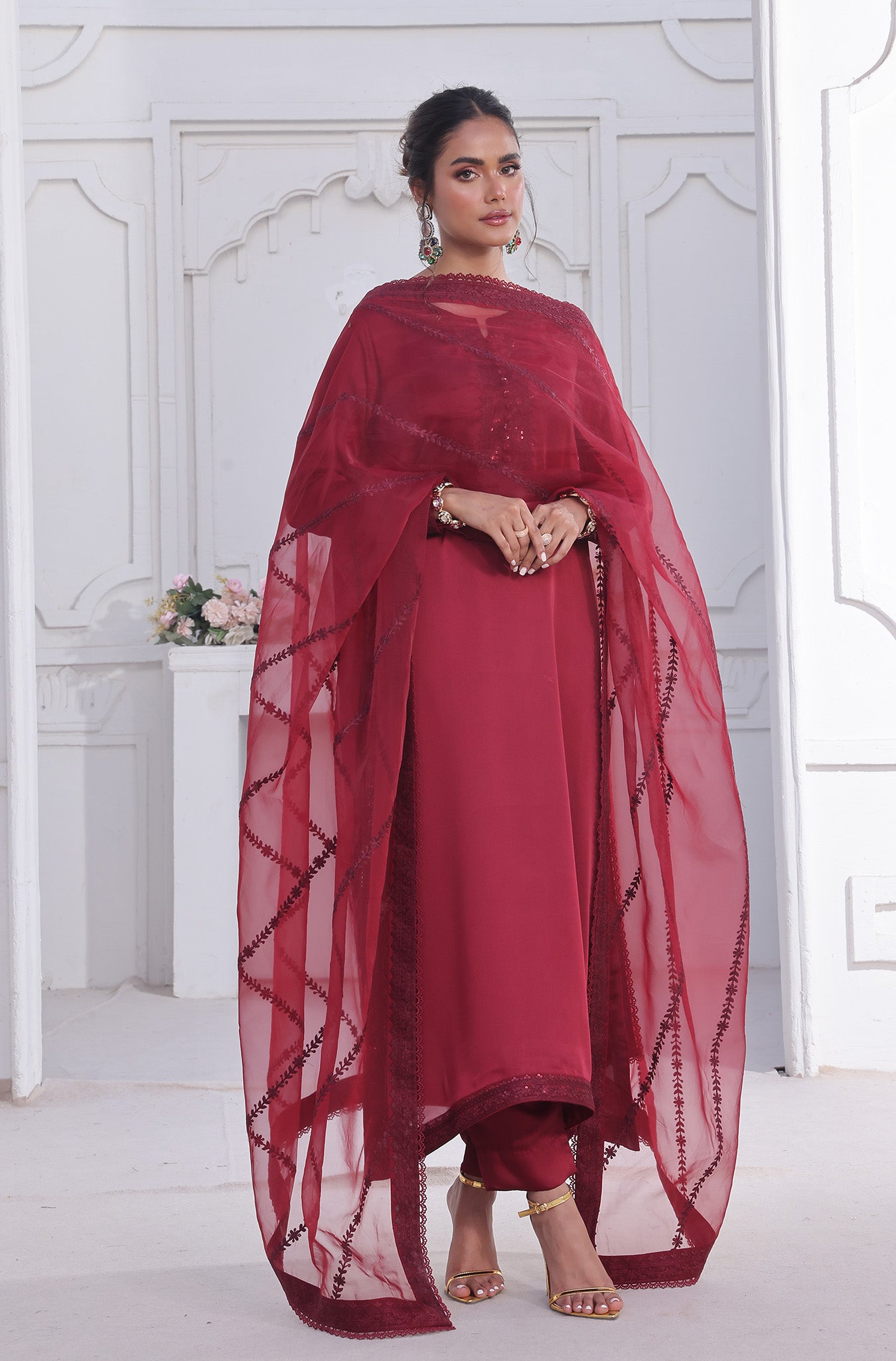 Maroon Embroidered Pure Raw Silk Salwar Kameez (3-Piece) - Image 8