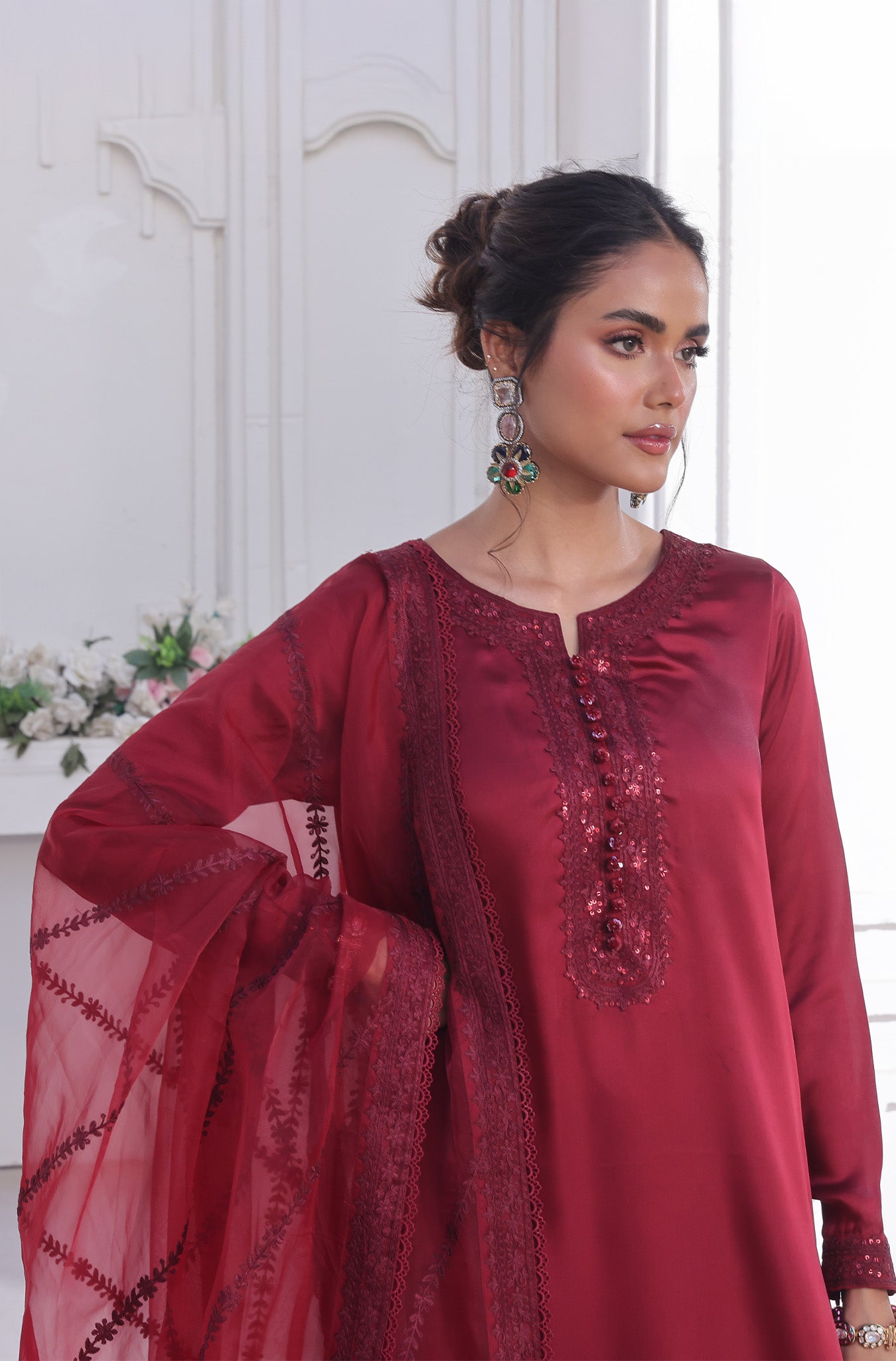 Maroon Embroidered Pure Raw Silk Salwar Kameez (3-Piece) - Image 9