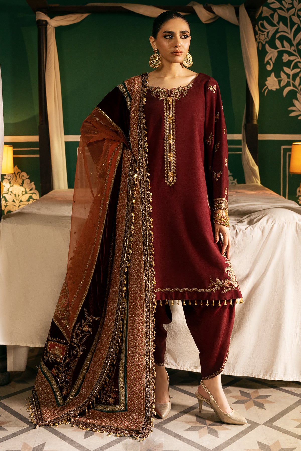 Pakistani Deep Maroon Embroidered Raw Silk & Velvet Salwar Kameez (3-Piece) - Image 1