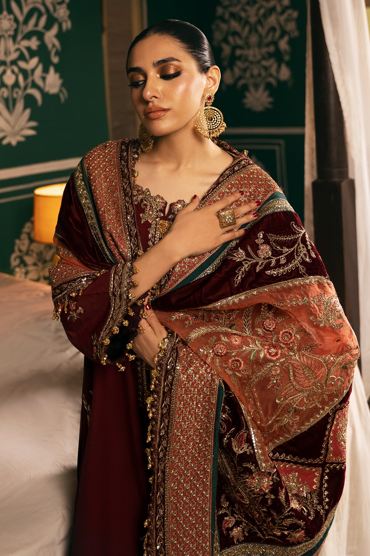 Pakistani Deep Maroon Embroidered Raw Silk & Velvet Salwar Kameez (3-Piece) - Image 2