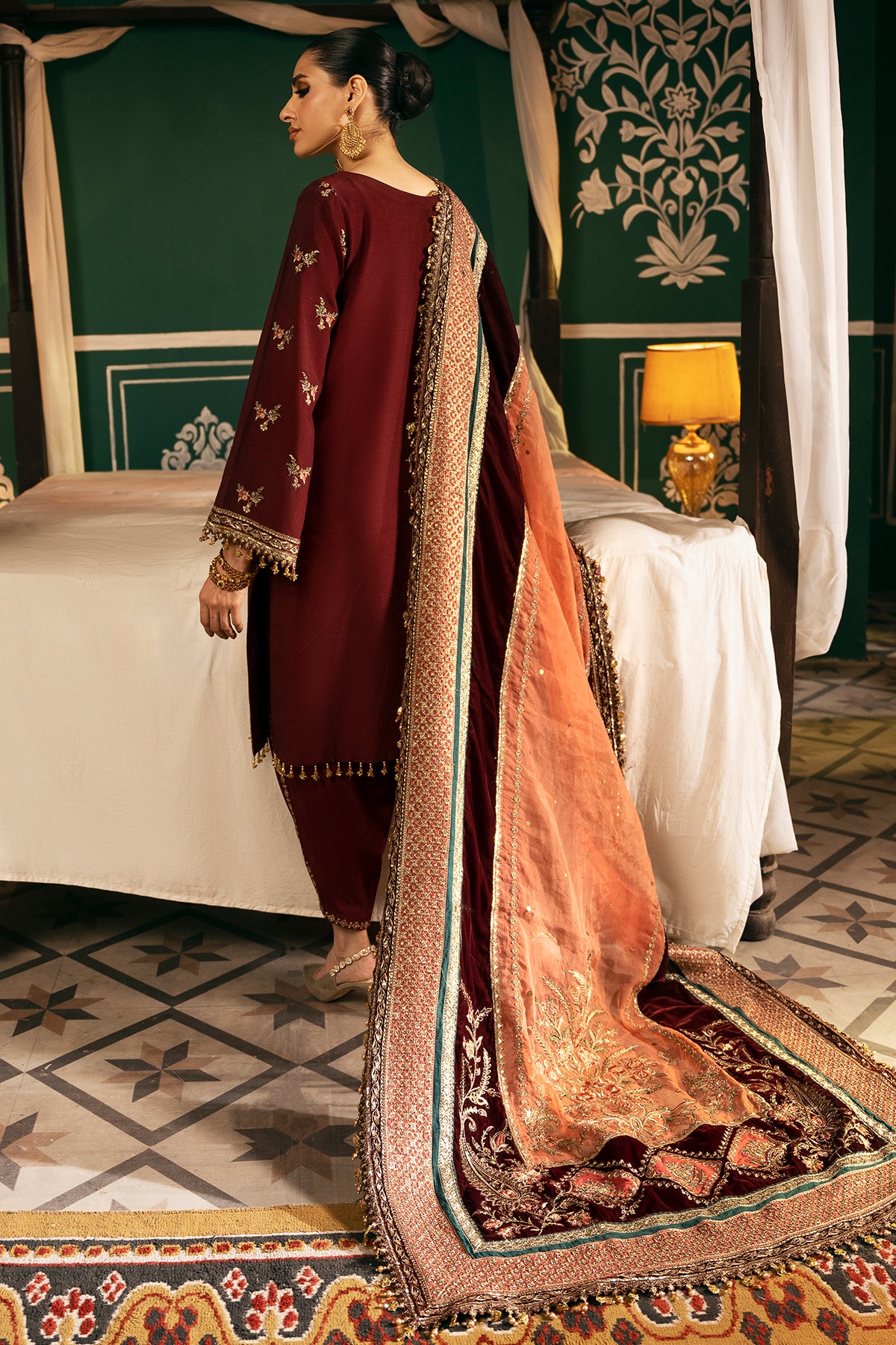 Pakistani Deep Maroon Embroidered Raw Silk & Velvet Salwar Kameez (3-Piece) - Image 4