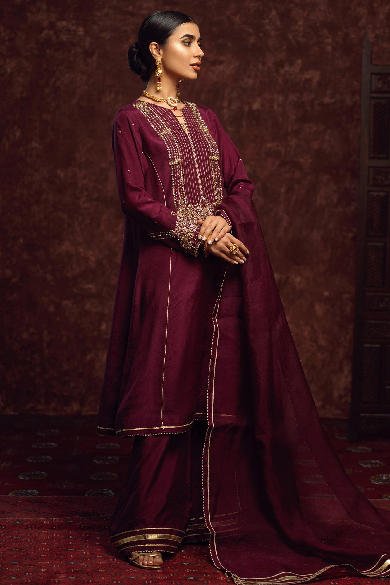 Pakistani Deep Plum Zardozi Raw Silk Salwar Kameez (3-Piece) - Image 1
