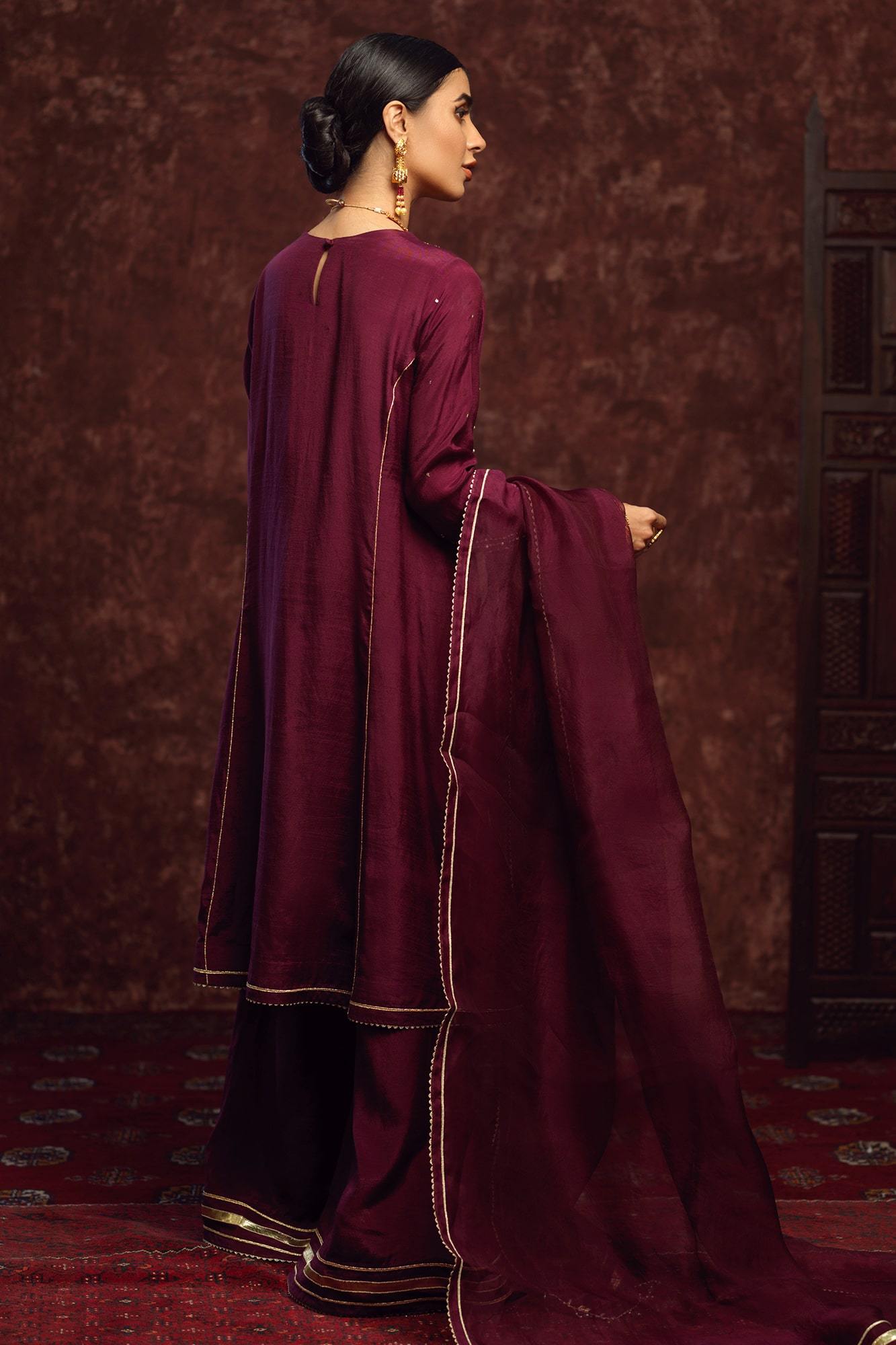 Pakistani Deep Plum Zardozi Raw Silk Salwar Kameez (3-Piece) - Image 3