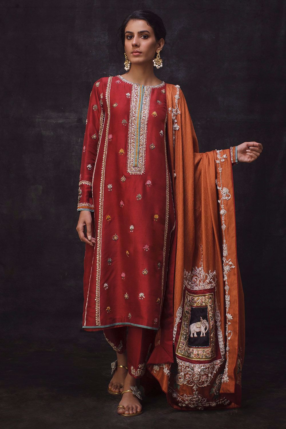 Red Maroon Zardozi Raw Silk Kali Kurta (2-Piece) - Image 1